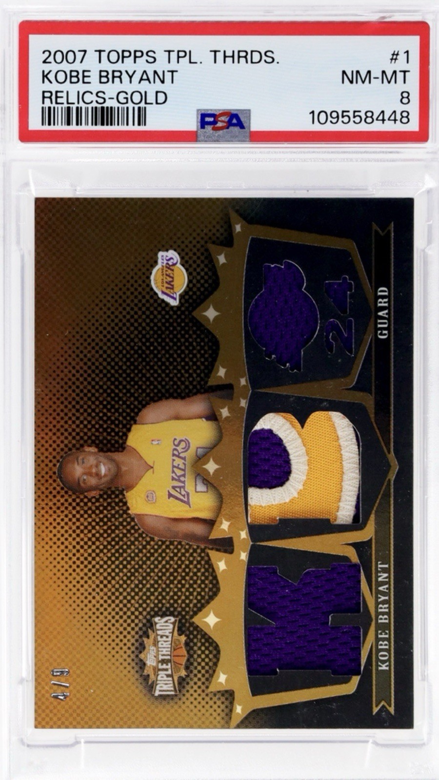2007-08 Topps Triple Threads - Triple Relic Kobe Bryant #TTR-4/9 GOLD  