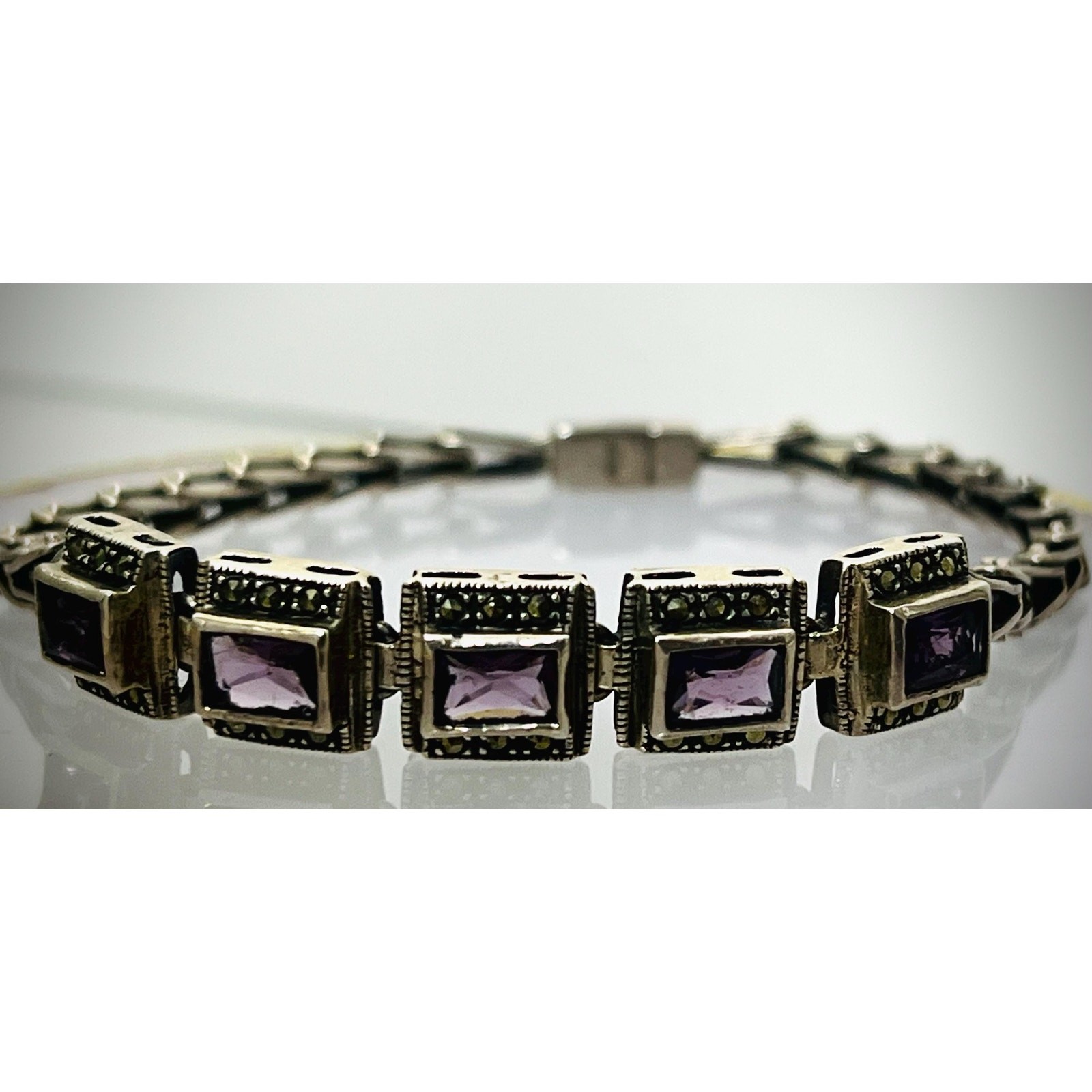 Vintage Art Deco Amethyst & Marcasite Sterling Silver Link Bracelet  8.5 inch