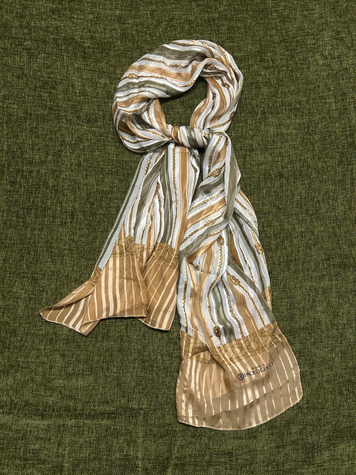Paolo Gucci Multicolor Striped Rectangle Scarf Wrap Beige Gray Green Rope Print Paolo Gucci Multicolor Striped Rectangle Scarf Wrap Beige Gray Green Rope Print