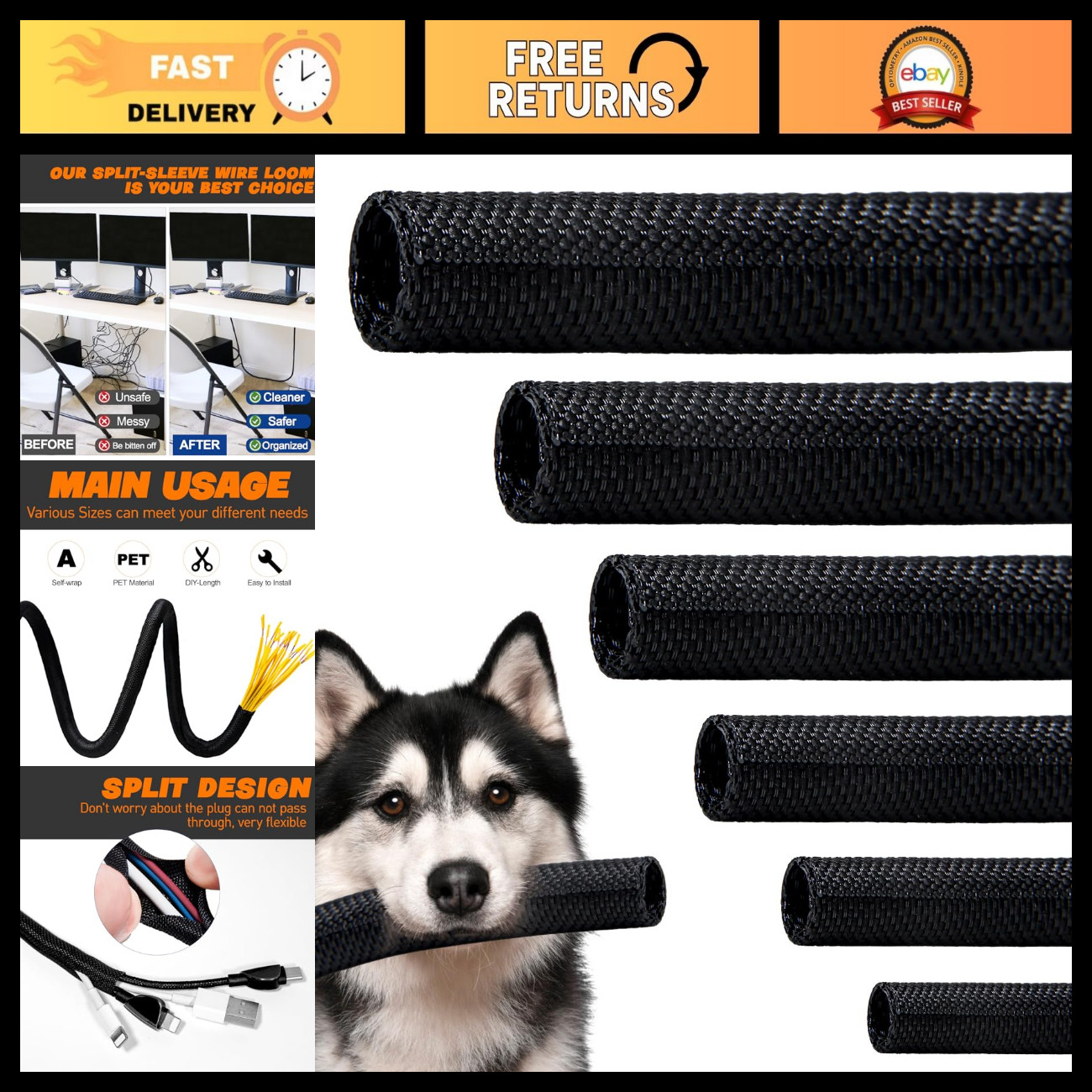 25ft Split Braided Cable Management Sleeve - High-Temperature Wire Loom, 3/8\ 25ft Split Braided Cable Management Sleeve - High-Temperature Wire Loom, 3/8\