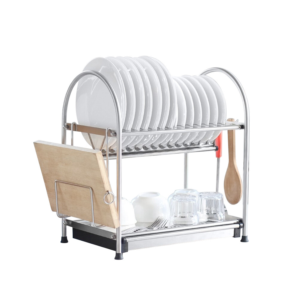 2 Tier Stainless Steel Dish Drying Rack with Drainboard for Kitchen Counter