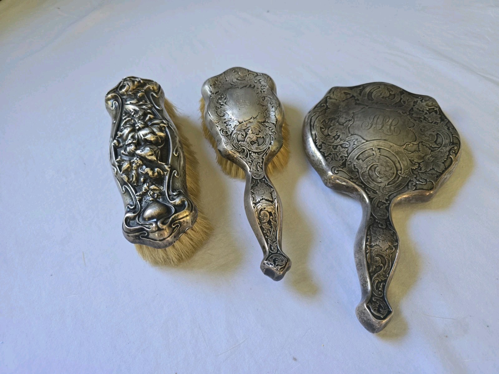 RARE ORNATE Antique STERLING SILVER 3 Piece Vanity Set - 2 Brushes + Mirror 