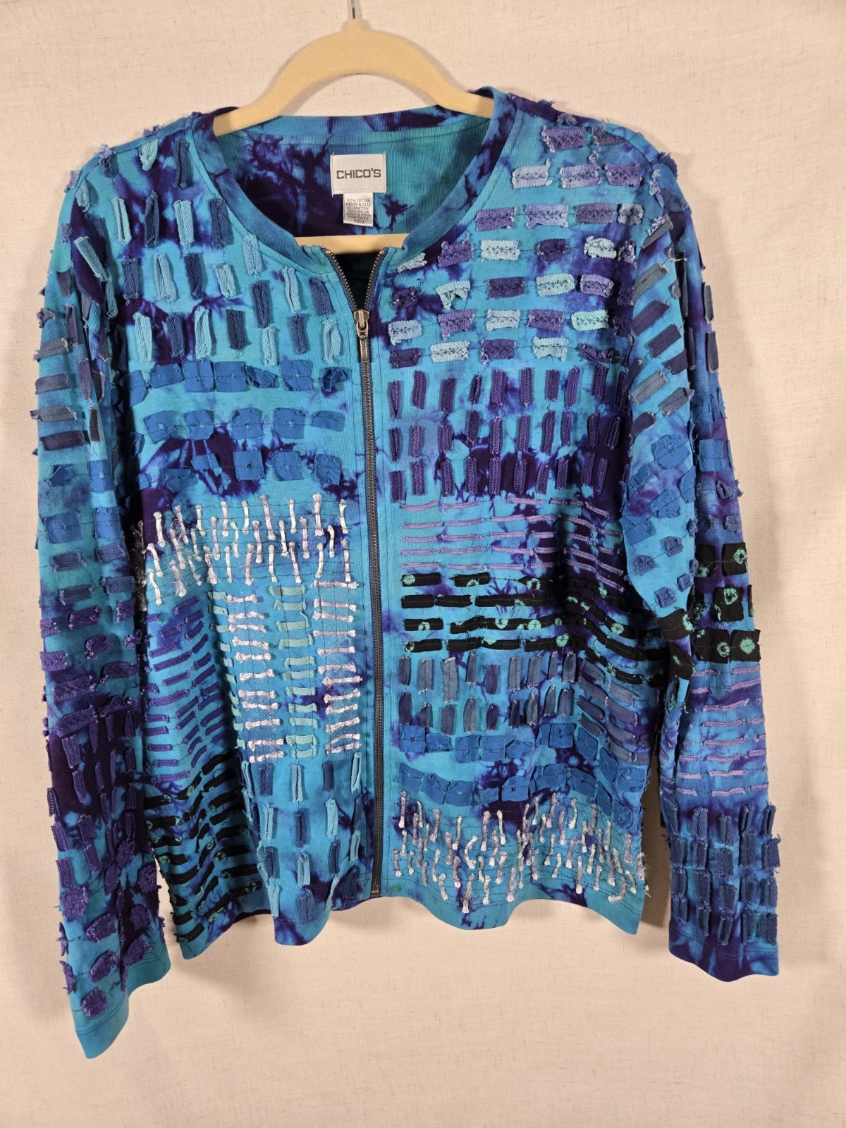 Chico\'s Art to Wear Ribbon Jacket Size 2 Full Zip Blue Purple Tie Dye Boho VTG