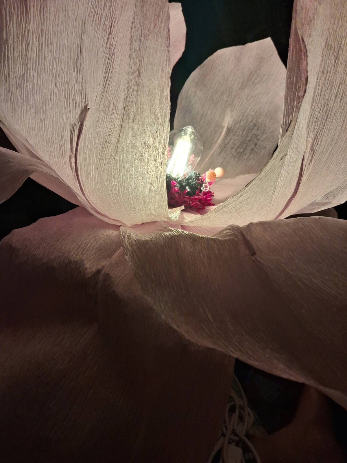 Handcrafted Giant Pink Italian Crepe Paper Flower Hanging Lamp, LED