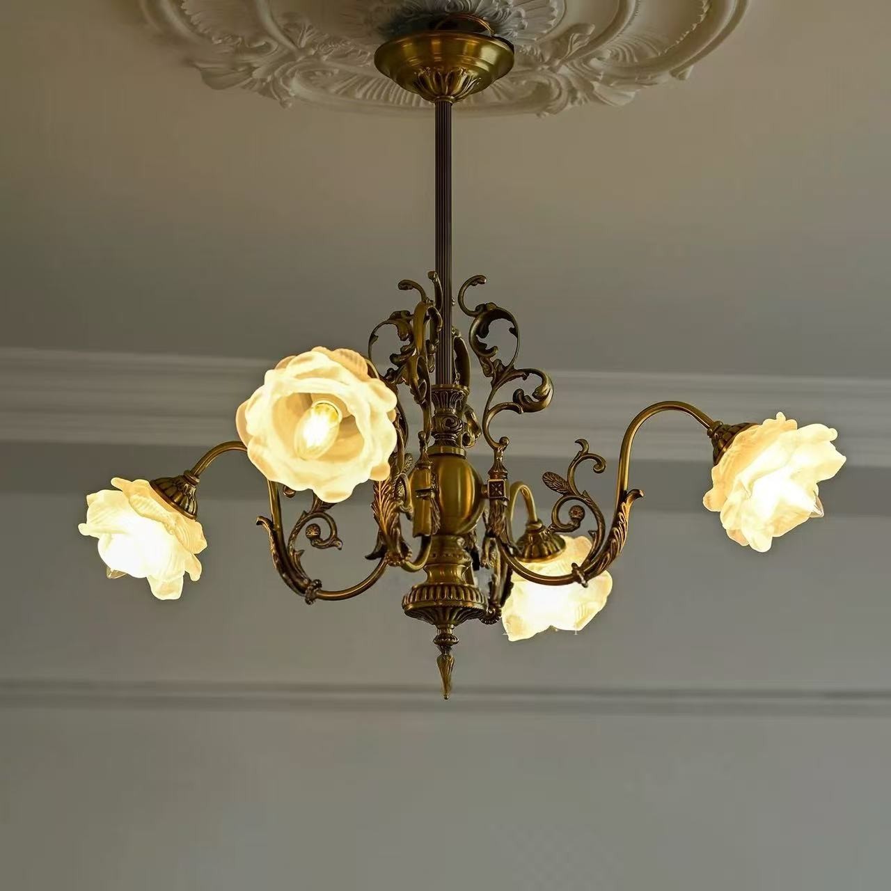 French Vintage Rose Chandelier Victorian Floral Ceiling Light Antique