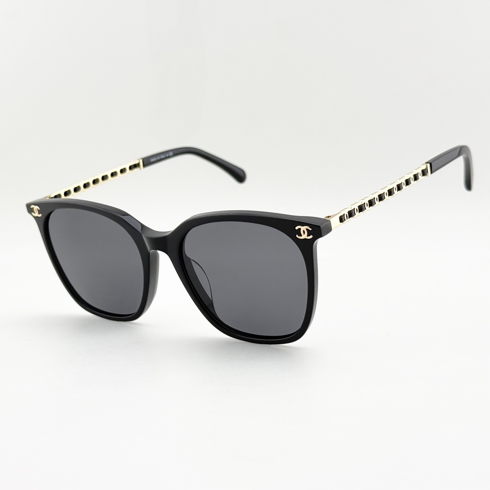 CHANEL CH3435 Square Sunglasses Black Gold Frame Grey Lens Unisex 54-20-145