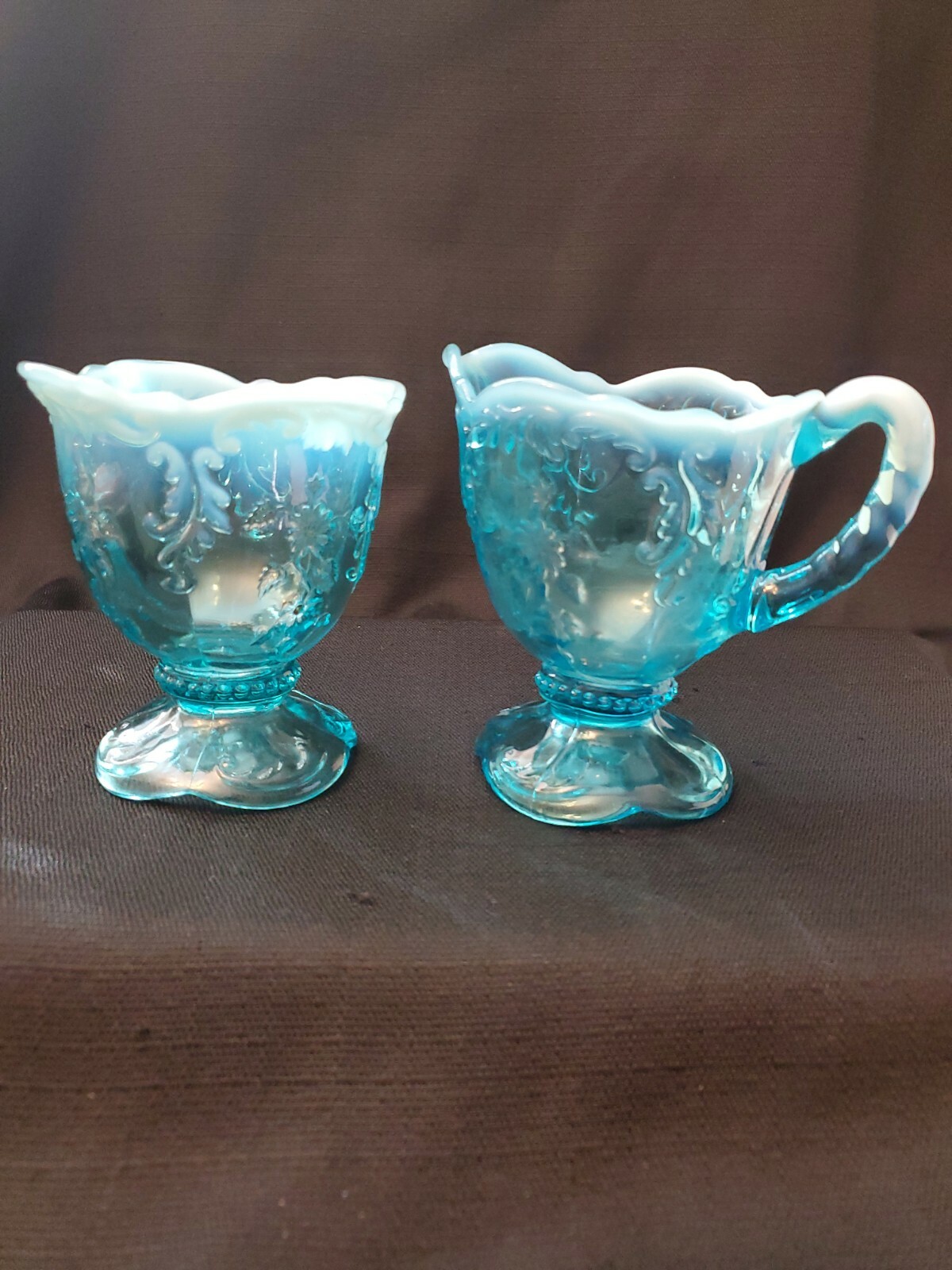 Northwood Leaf & Flower Intaglio Blue Opalescent Sugar Bowl & Creamer Set