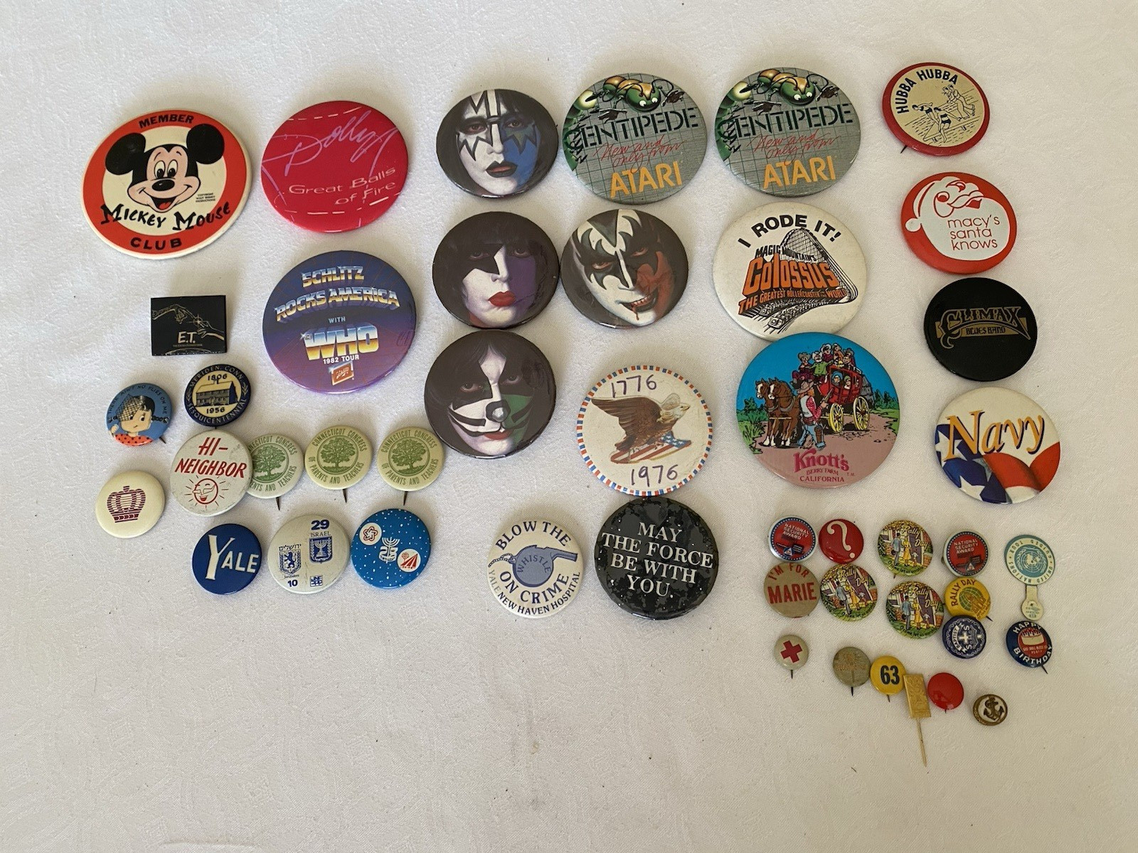 Huge Vintage Pin Button Lot 60+ KISS Atari 1984 Olympics Brooches Coins Patch