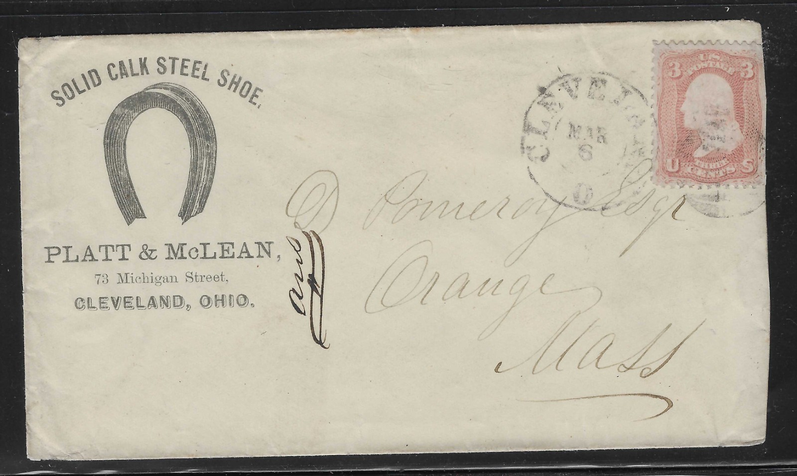 US Scott 64, 3 cents on Advertising cover, Clevland, Ohio, 1861