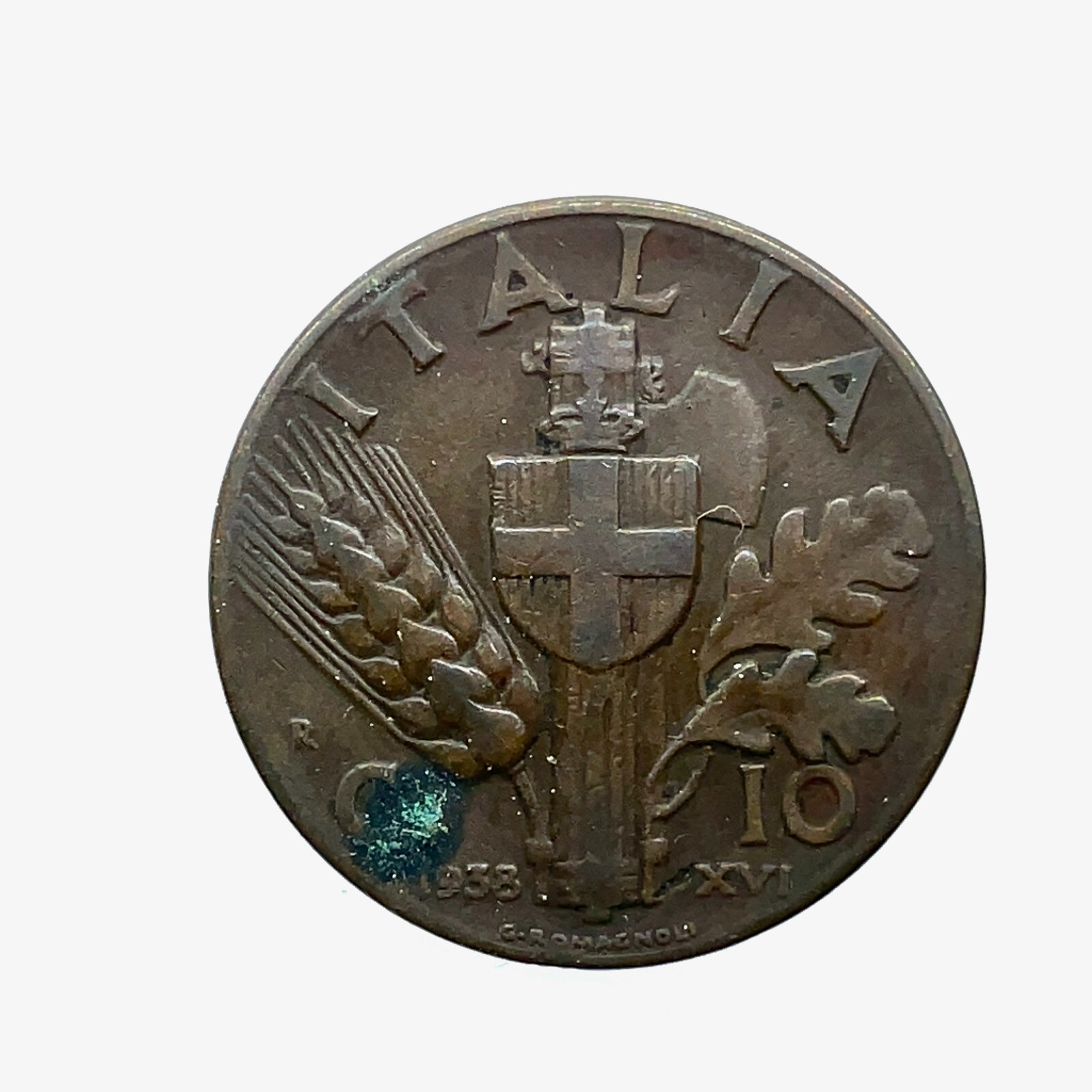 1938 R Italy - 10 Centesimi Vittorio Emanuele III Copper Coin KM #74
