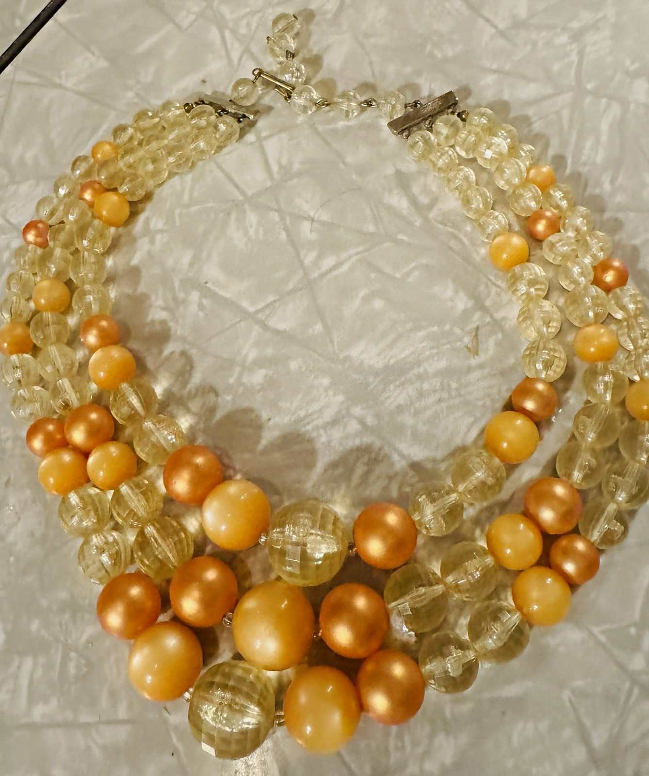 Vintage 1960s 70s Multi Strand Orange Peach Clear Beaded Statement Necklace Mod