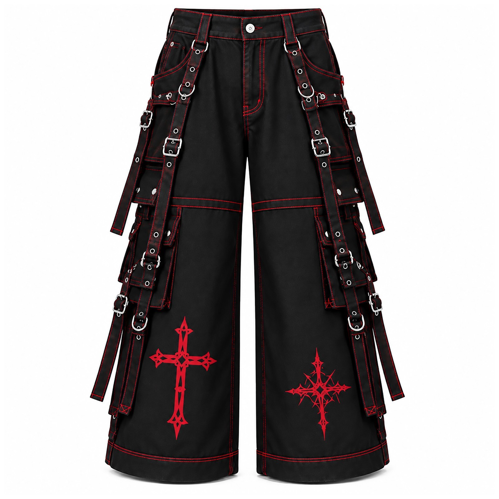 Men\'s Black Gothic Cargo Pants Red Stitching Cross Straps Wide Leg Punk Trousers