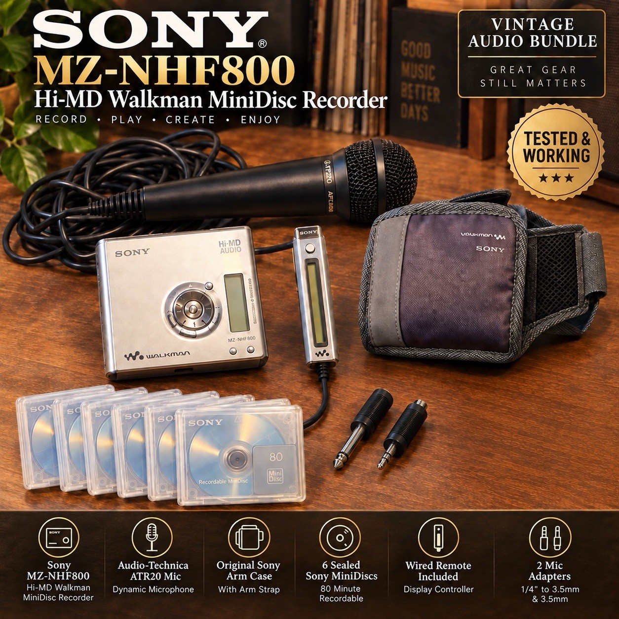 Sony MZ-NHF800 Hi-MD MiniDisc Recorder Walkman + ATR20 Mic + 6 Sealed Discs Case