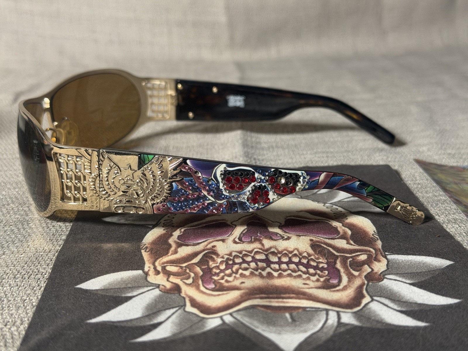Y2K Christian Audigier CAS403 Splatter Gold Crystal Sunglasses LTD Edition Rare