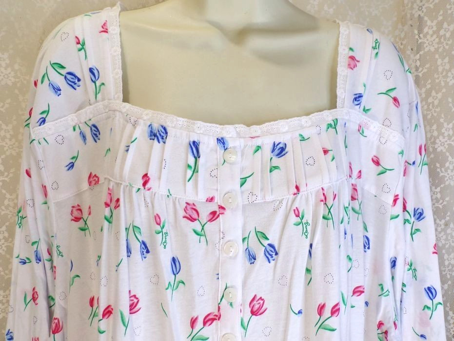 NWT Lanz of Salzburg 3X Long Cotton Knit Nightgown Long Sleeve White Red/Blue