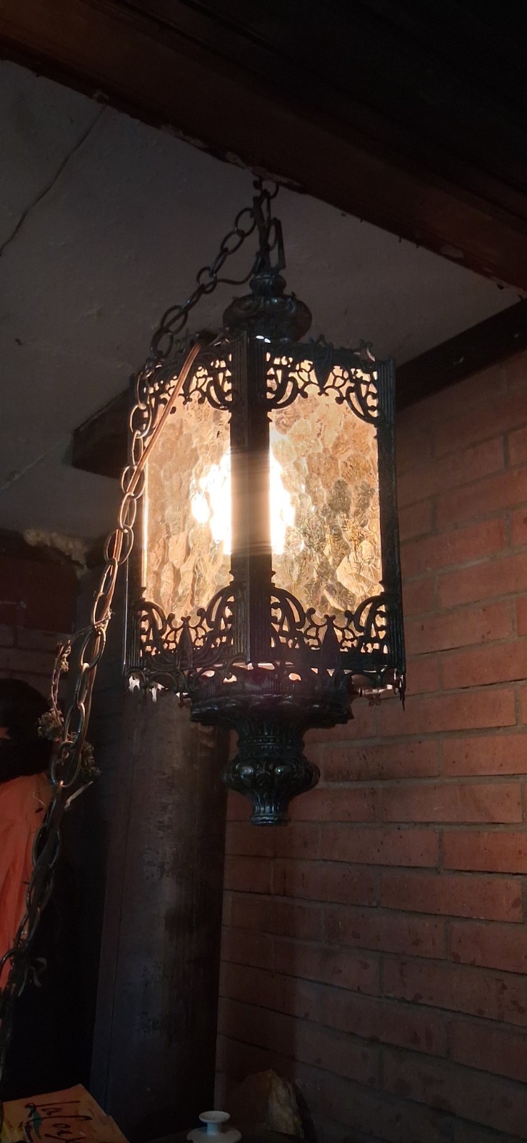 Vintage Amber Glass Hanging Lantern Pendant | Ornate Cast Metal Ceiling Light | 