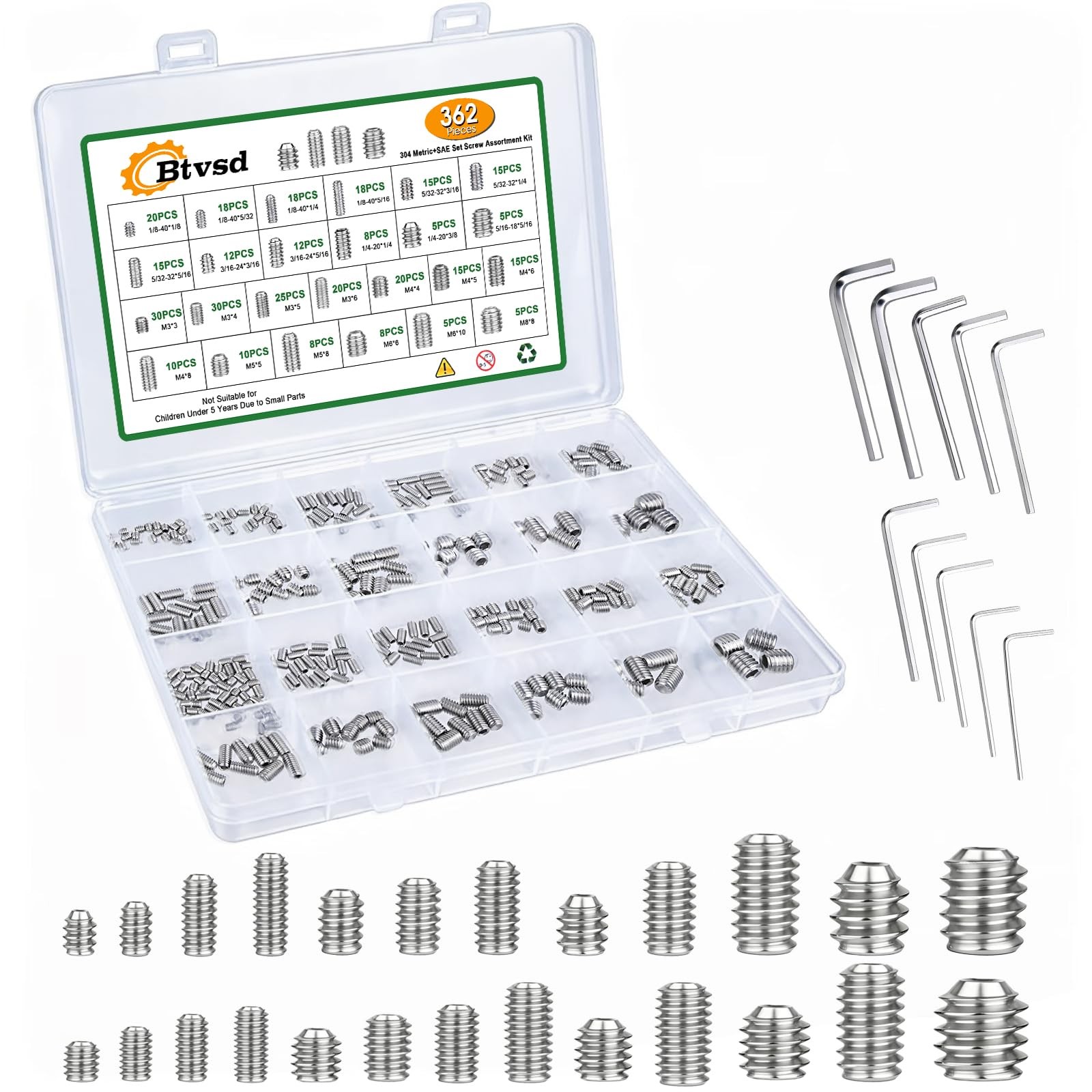 Btvsd 362Pcs 25 Size Set Screw Assortment Kit,M3-M8, 1/8\
