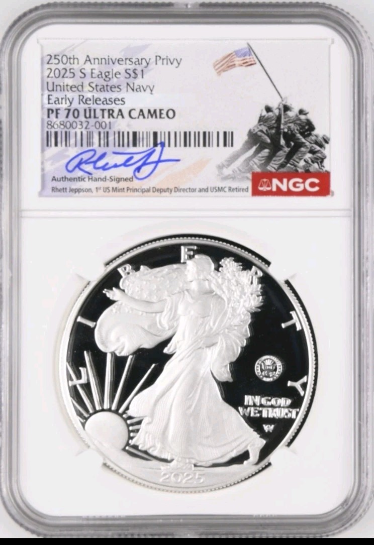[In Hand] 2025-S Pf70 $1 250th NAVY US  Privy Silver Eagle NGC  ER Rhett Signed 
