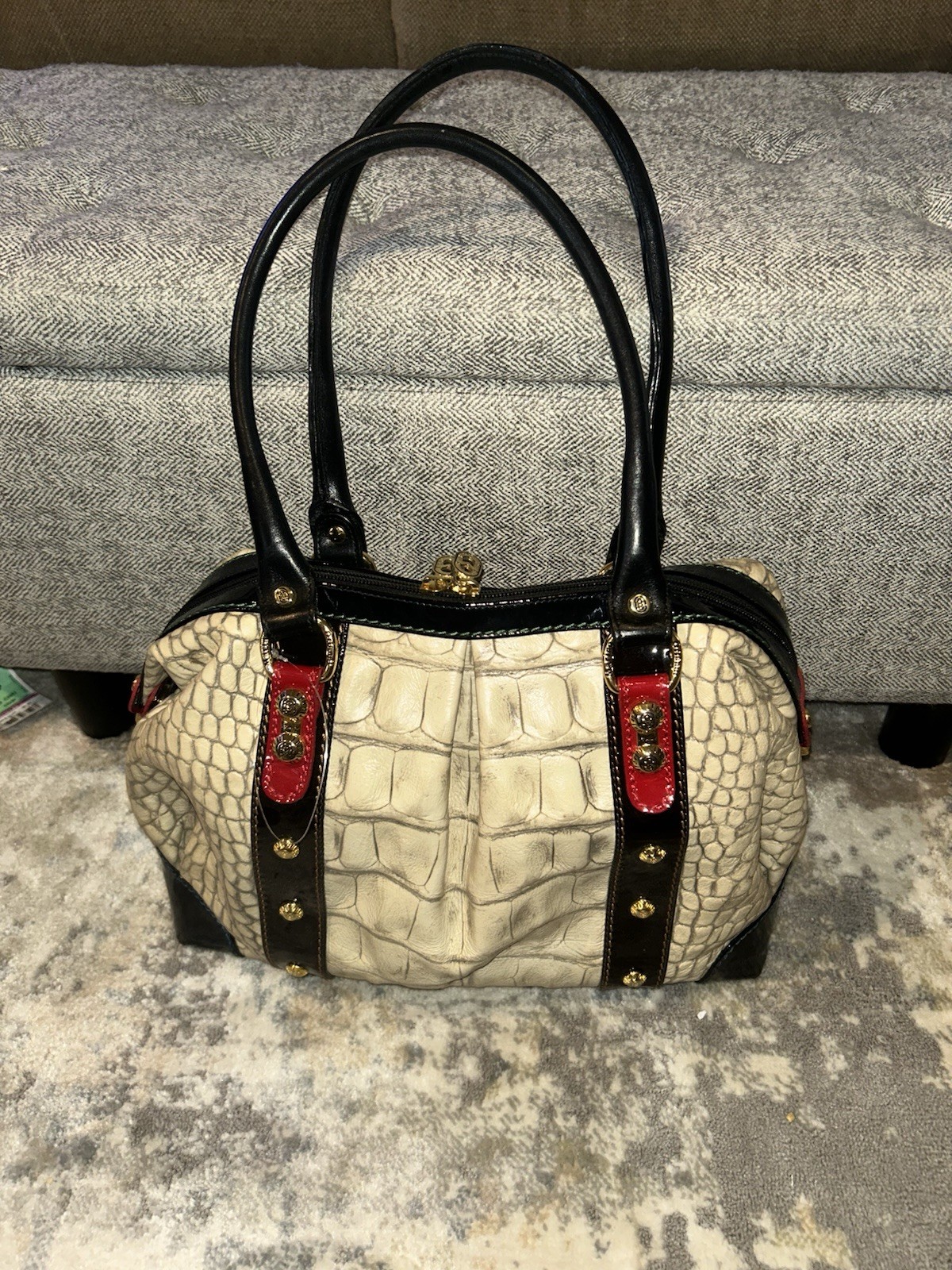 Marino Orlandi Croc Embossed Beige Satchel Top Handle Zip Gold Hardware Marino Orlandi Croc Embossed Beige Satchel Top Handle Zip Gold Hardware