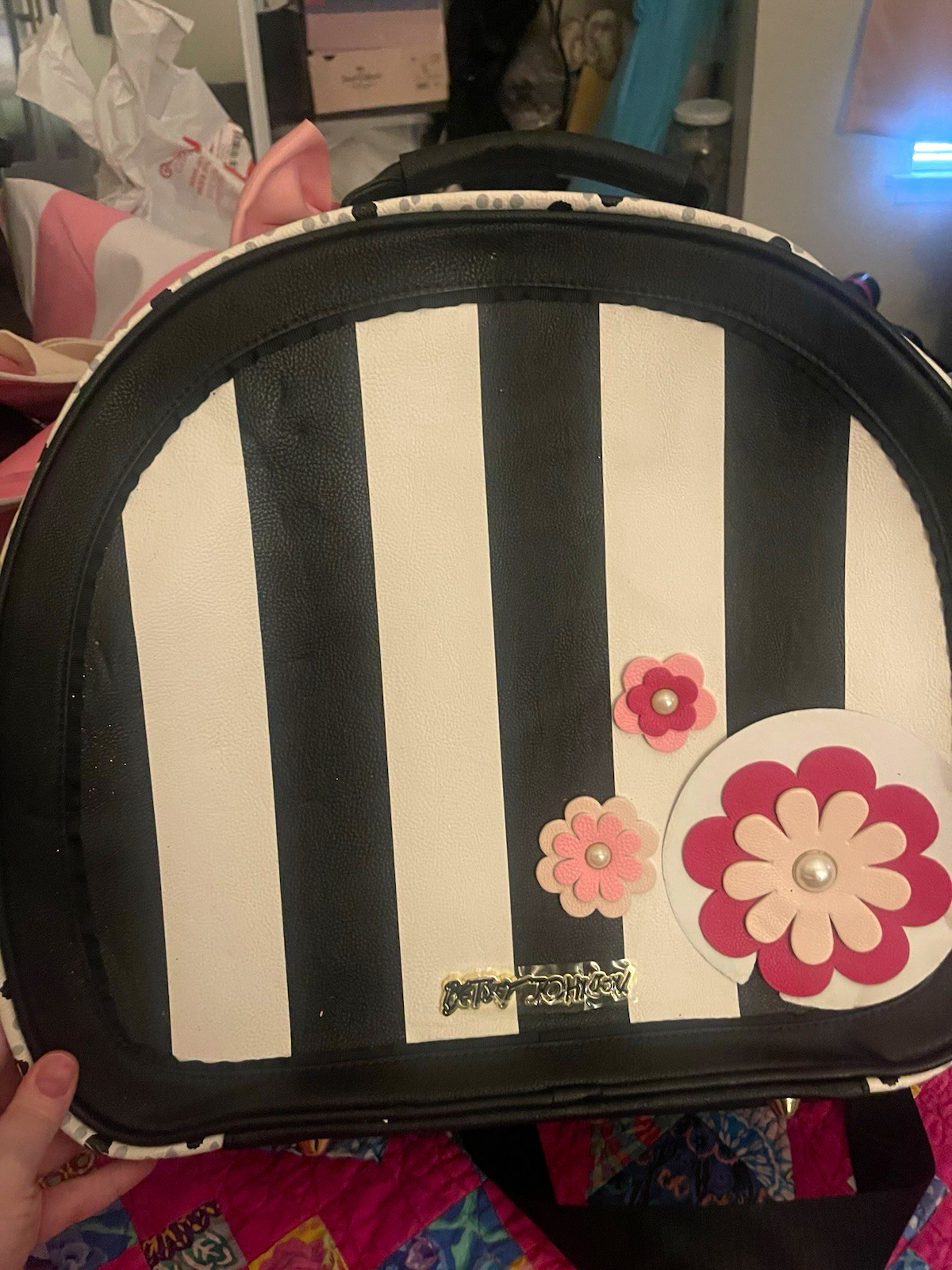 Betsey Johnson Faux Leather Duffle/ Overnight Bag Striped Black/White Betsey Johnson Faux Leather Duffle/ Overnight Bag Striped Black/White