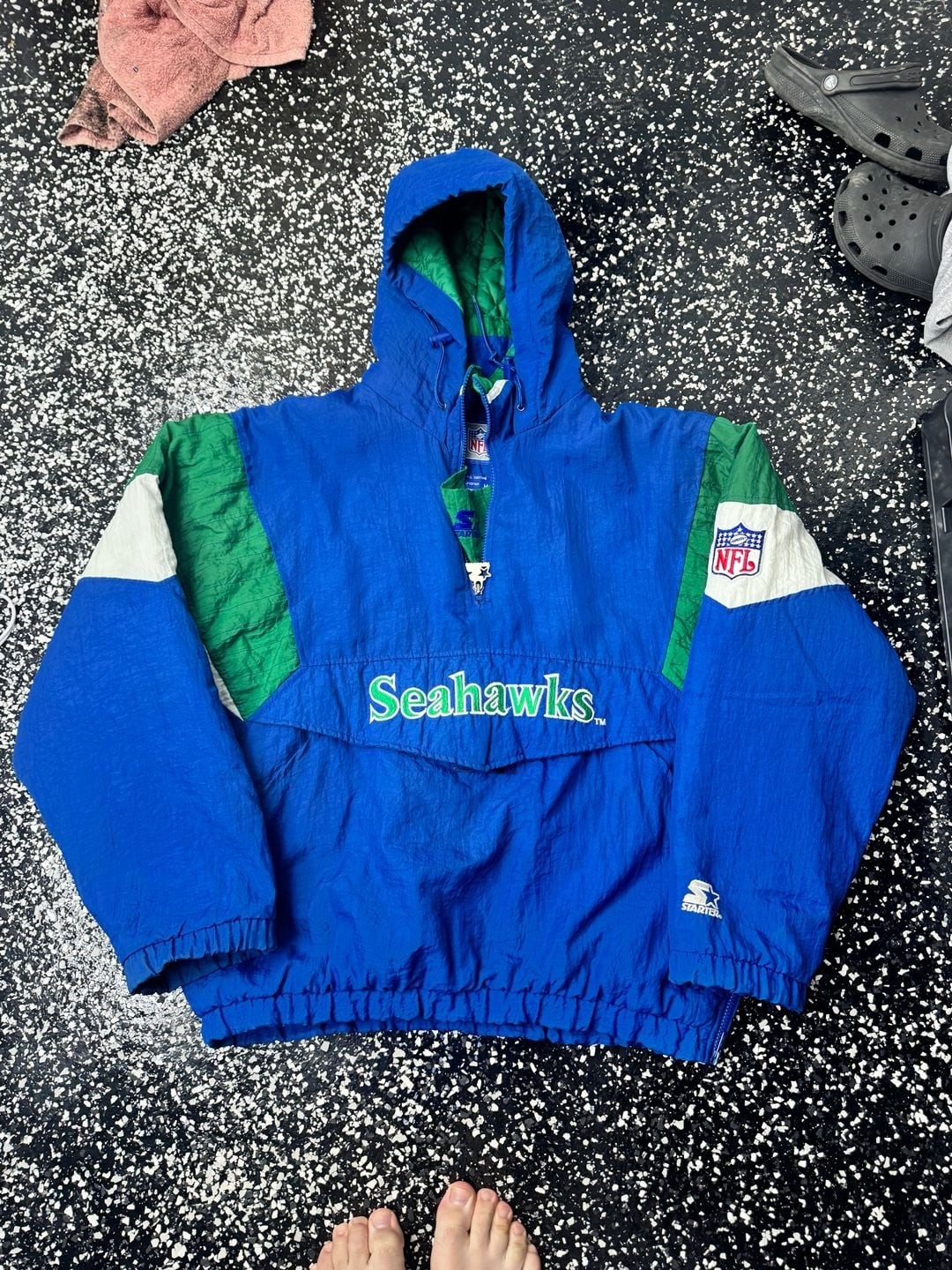 Vintage Starter Seattle Seahawks NFL Pro Line Hooded Puffer Pocket Jacket Sz M/L