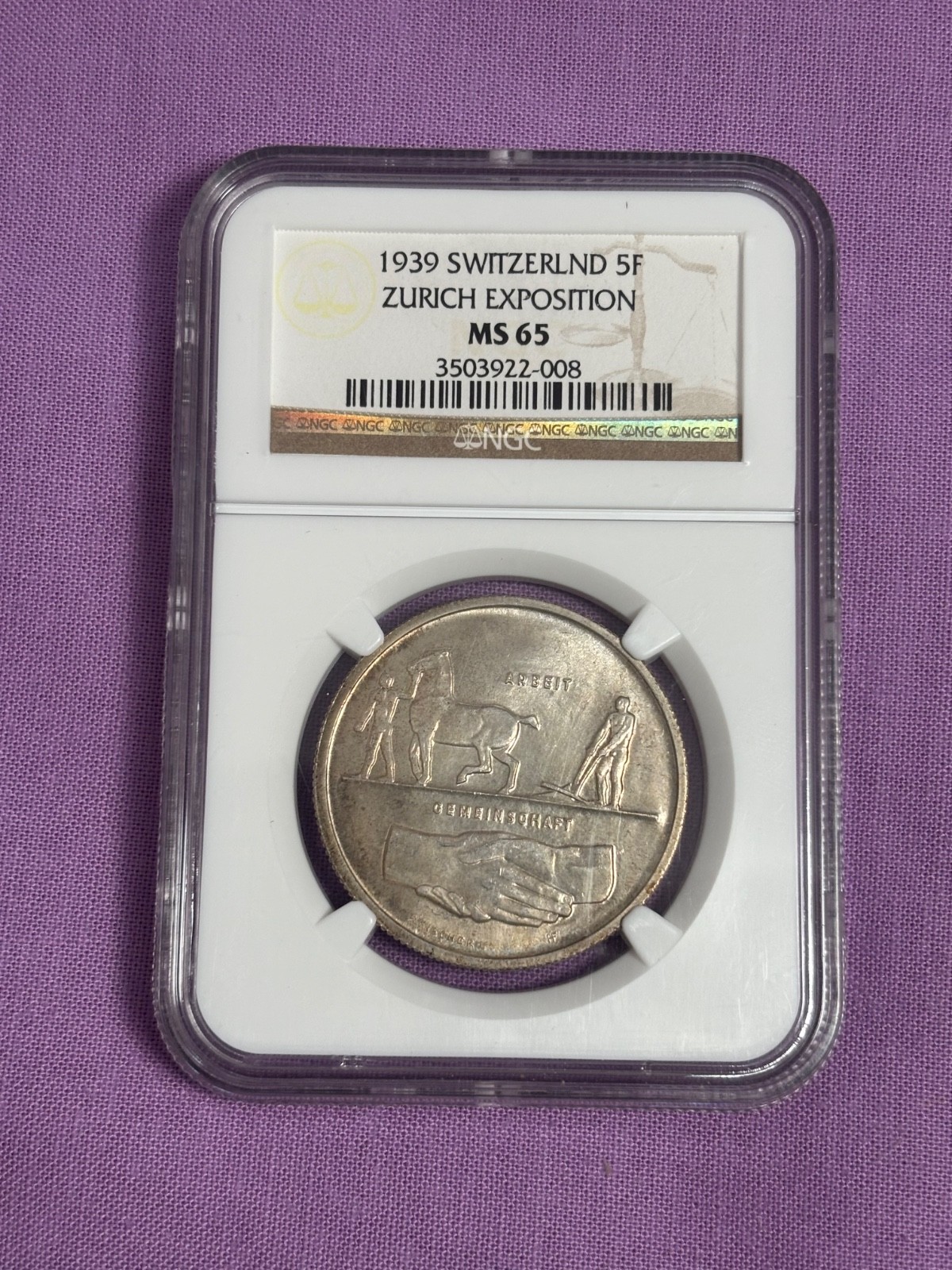 1939 Switzerland 5F Zurich Exposition MD65 NGC Coin 1939 Switzerland 5F Zurich Exposition MD65 NGC Coin