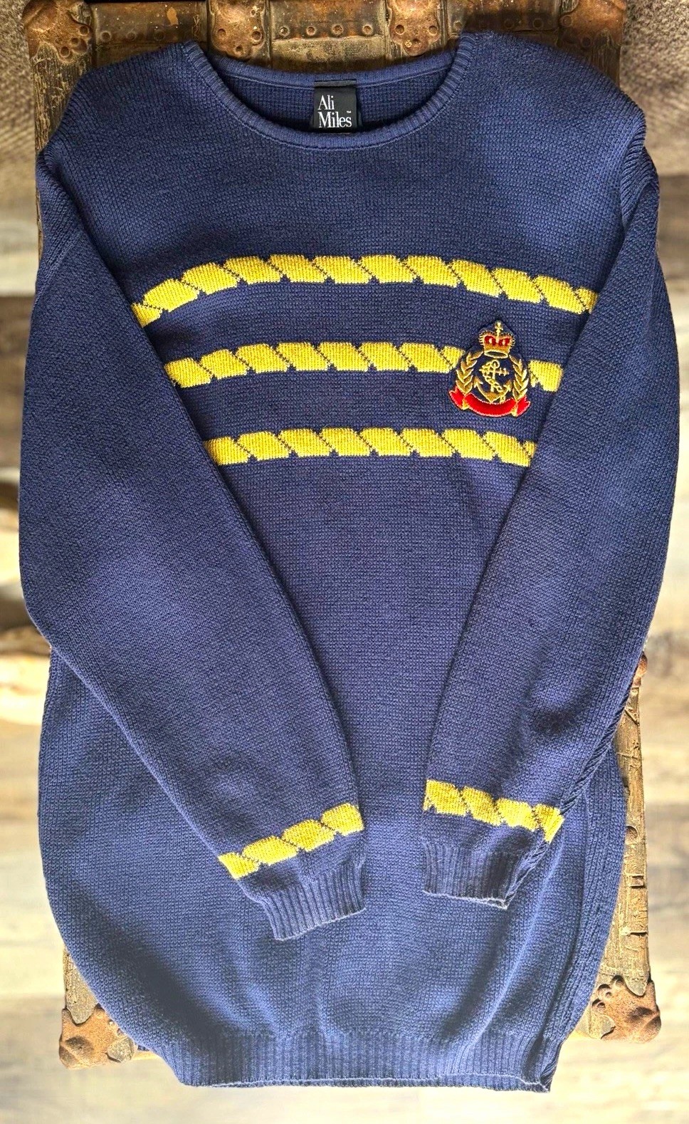 VTG 80s Ali Miles Nautical Sweater Dress Vest S Navy Gold Metallic Crest USA 31\