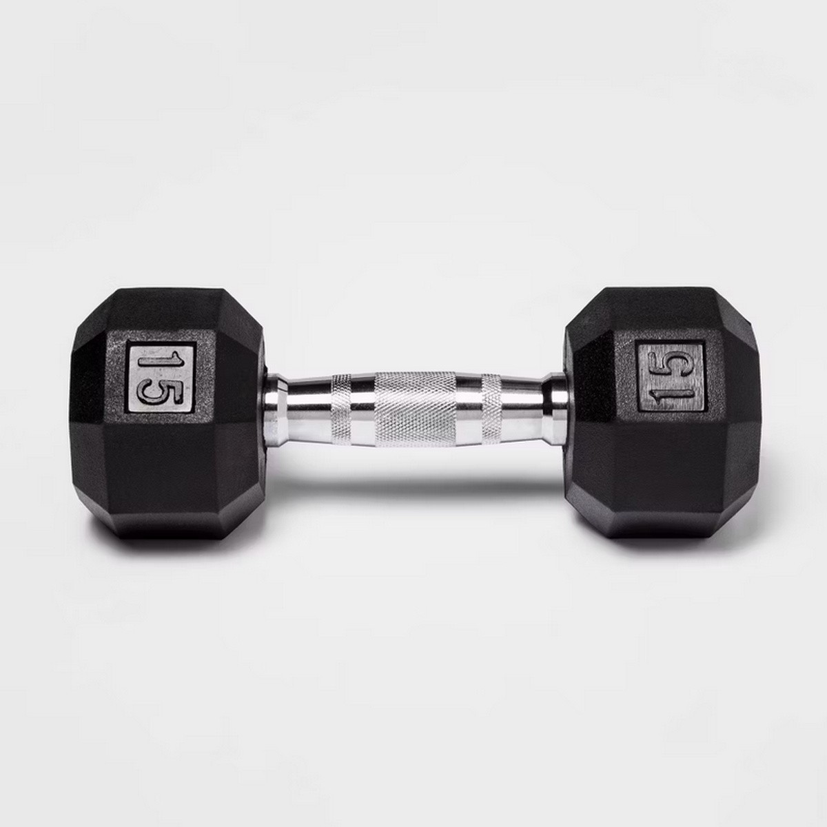 Hex Dumbbell 15lbs Black Rubber Coated, Chrome Handle Single Piece