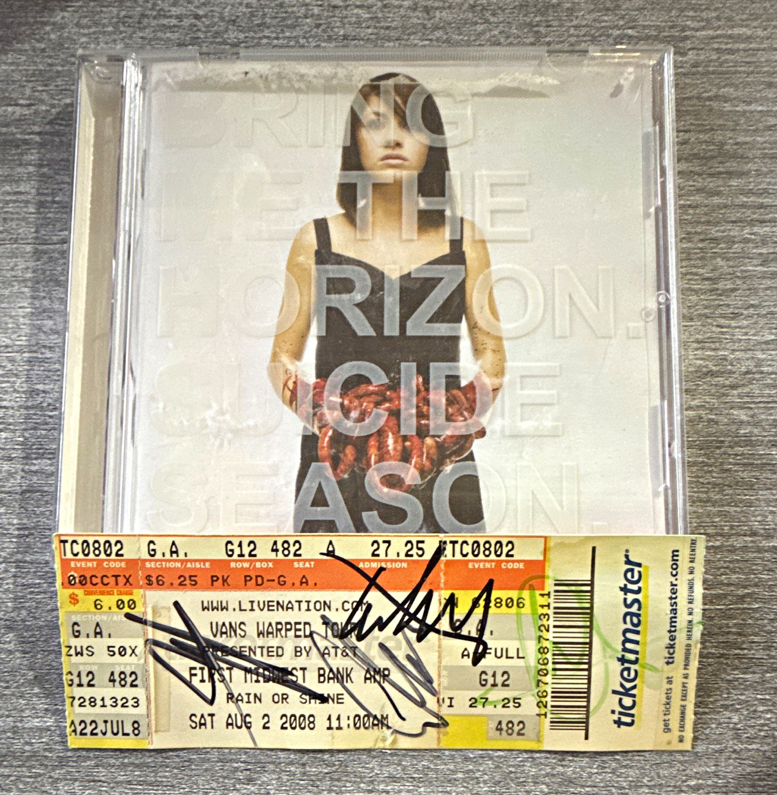 Bring Me the Horizon - Suicide Season CD with signed 2008 warped ticket by band Bring Me the Horizon - Suicide Season CD with signed 2008 warped ticket by band