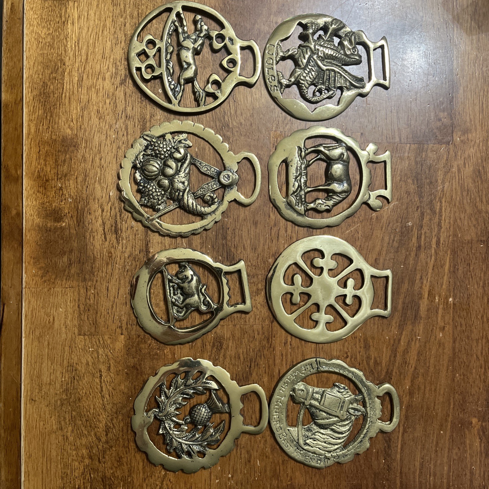 Lot of 8 Vintage British Horse Brasses Welsh Dragon Miner Friend Thistle Lion