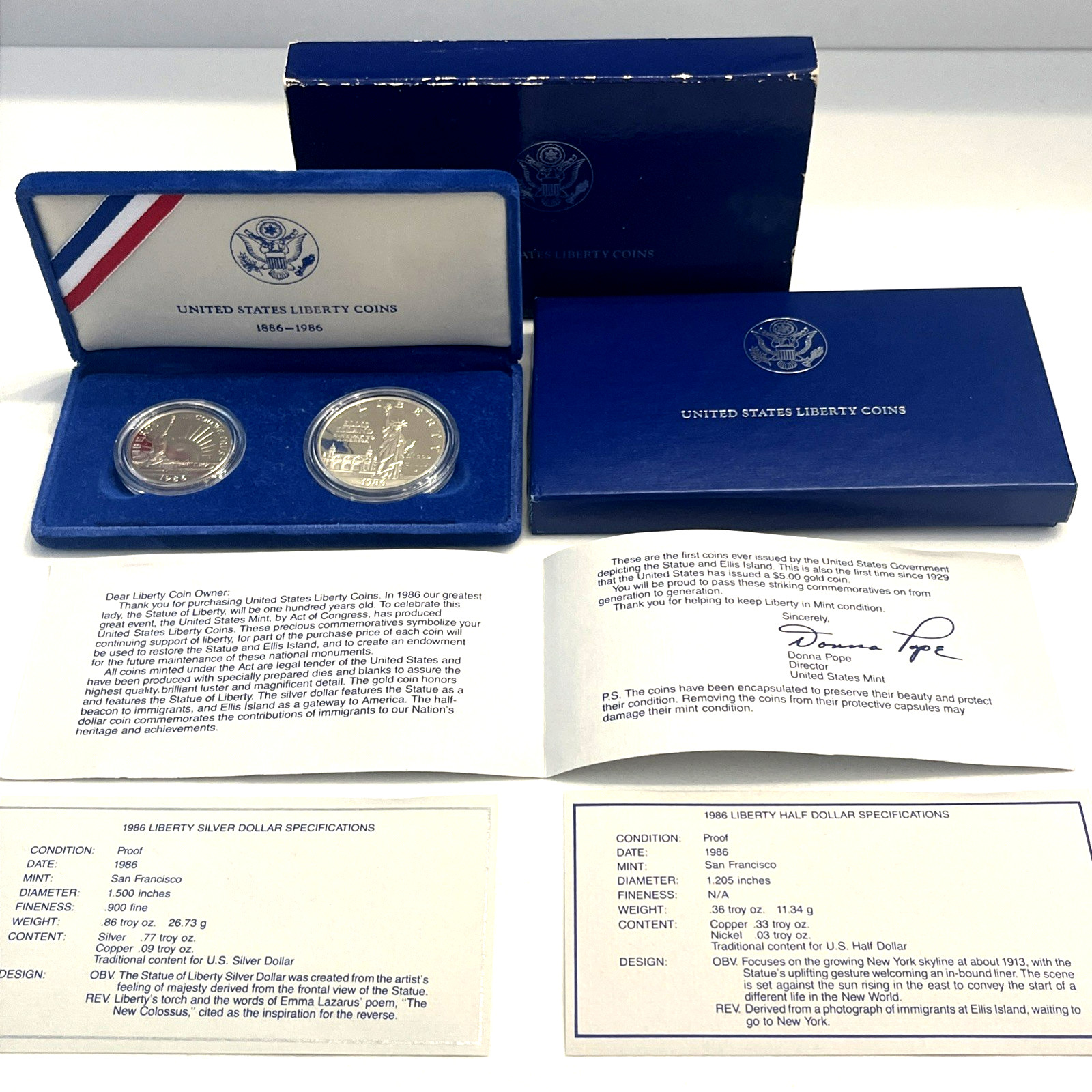 1986-S U.S. Mint Liberty 2-Coin Proof Set - Half Dollar, 90% Silver Dollar