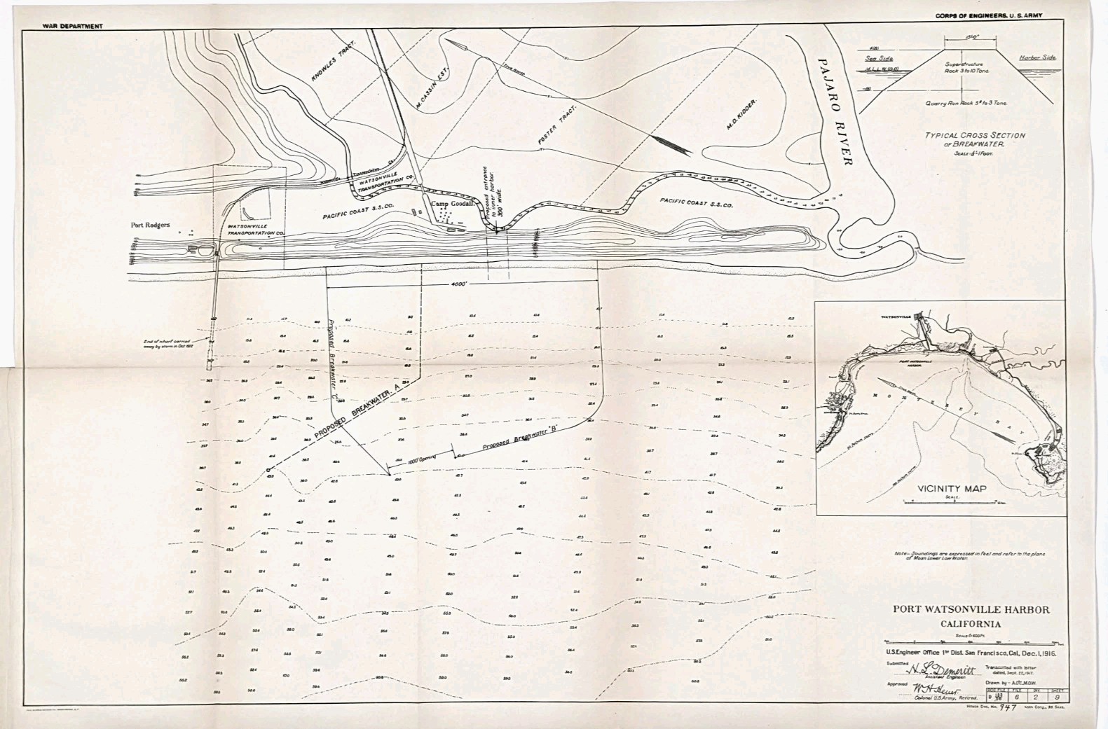 1917 Port WATSONVILLE - CALIFORNIA Map Nautical Proposed Breakwater ORIGINAL
