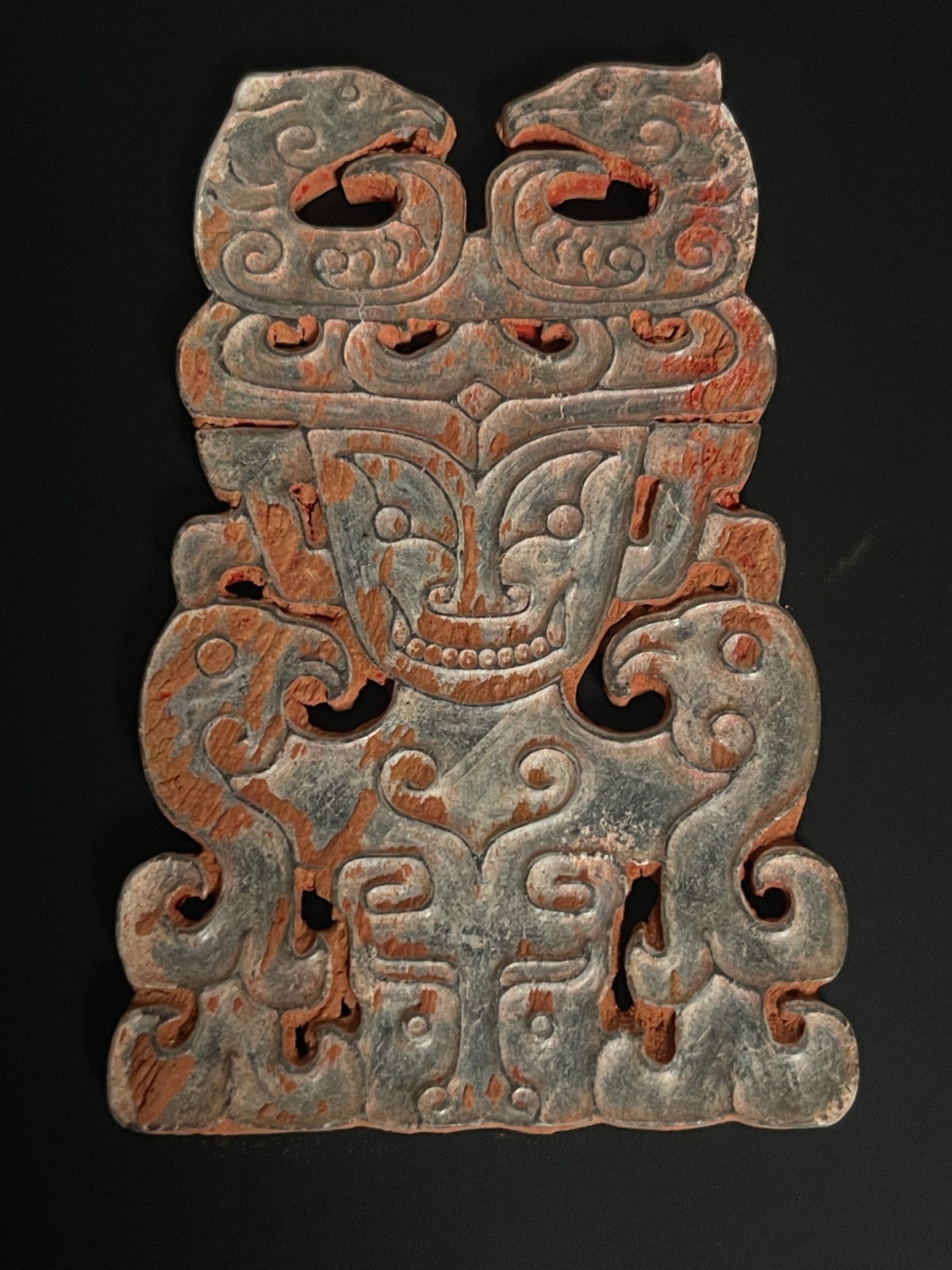 age-old China antique  Shijiahe Jade Plaque, Deity with Twin Birds