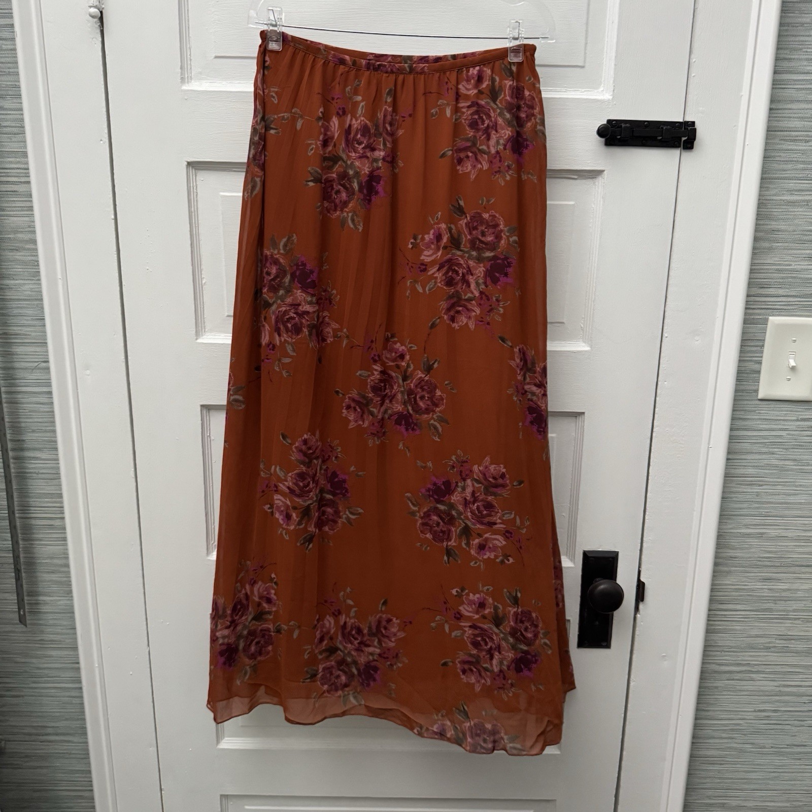 ELLE Womens 4 Rust Floral Chiffon Pleated Maxi Skirt Lined Romantic