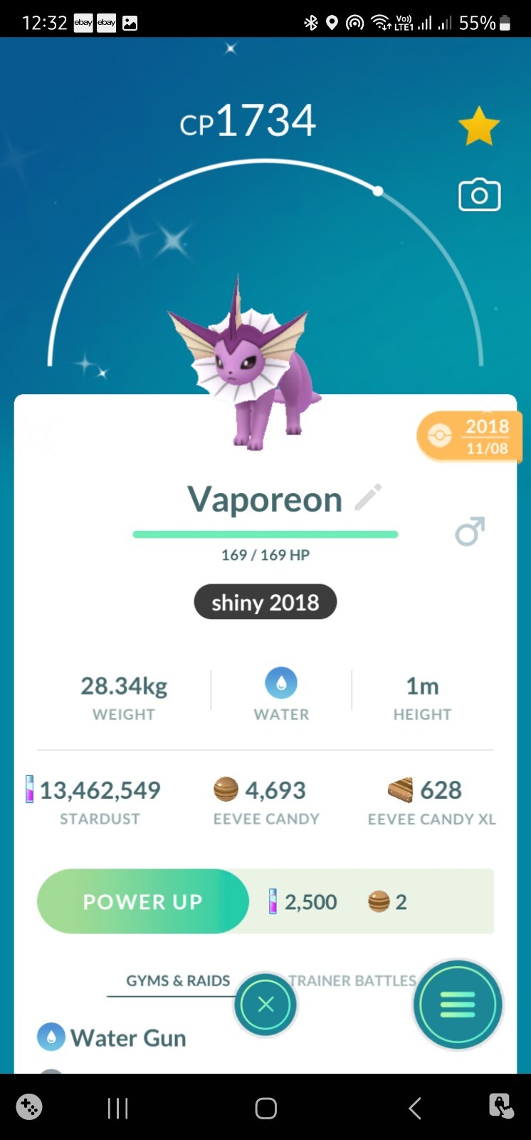 Shiny Vaporeon ( Caught In 2018 ) Pokemon Tr@de Go