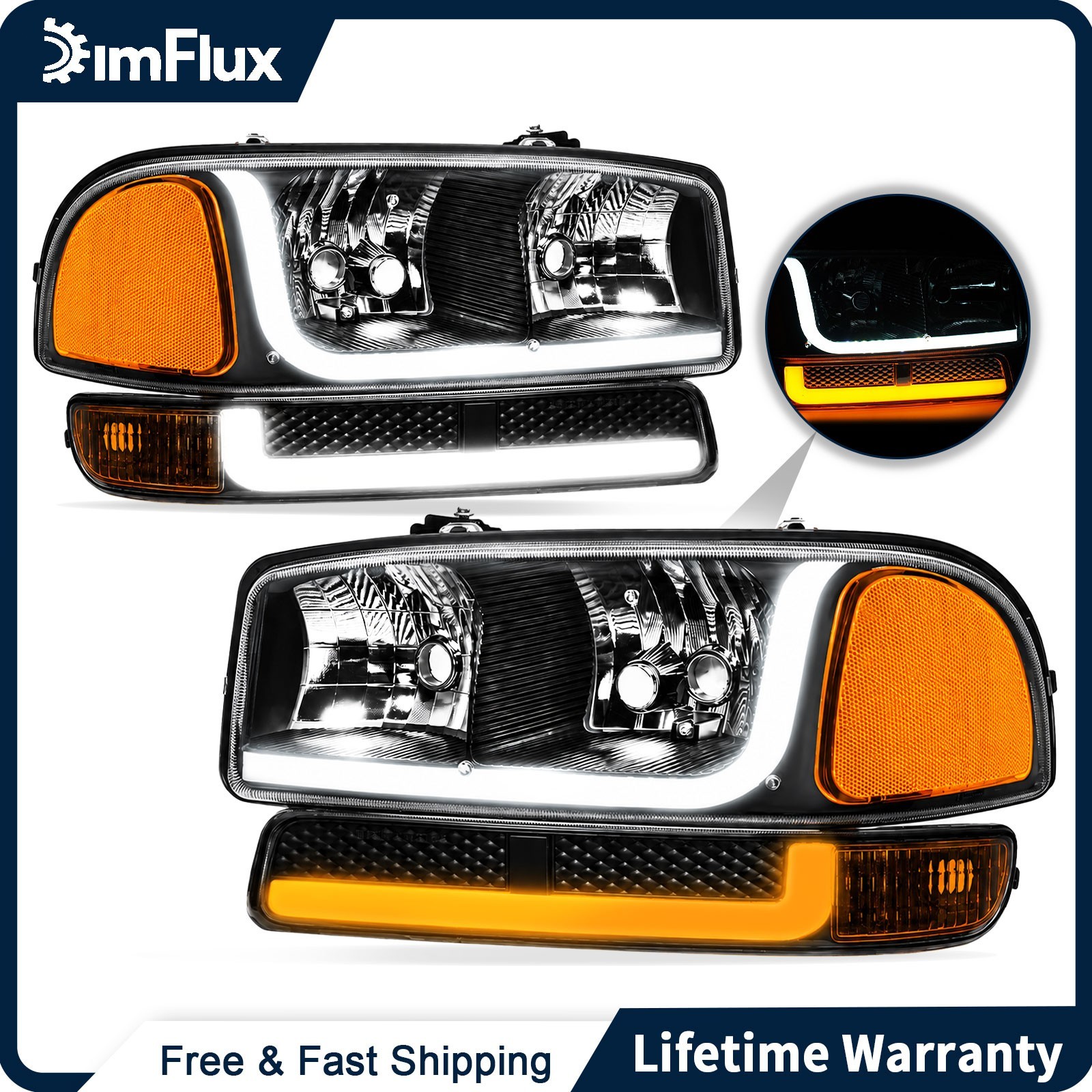 DimFlux LED DRL Headlights for 99-07 GMC Sierra 1500 99-06 Yukon Black Housing DimFlux LED DRL Headlights for 99-07 GMC Sierra 1500 99-06 Yukon Black Housing