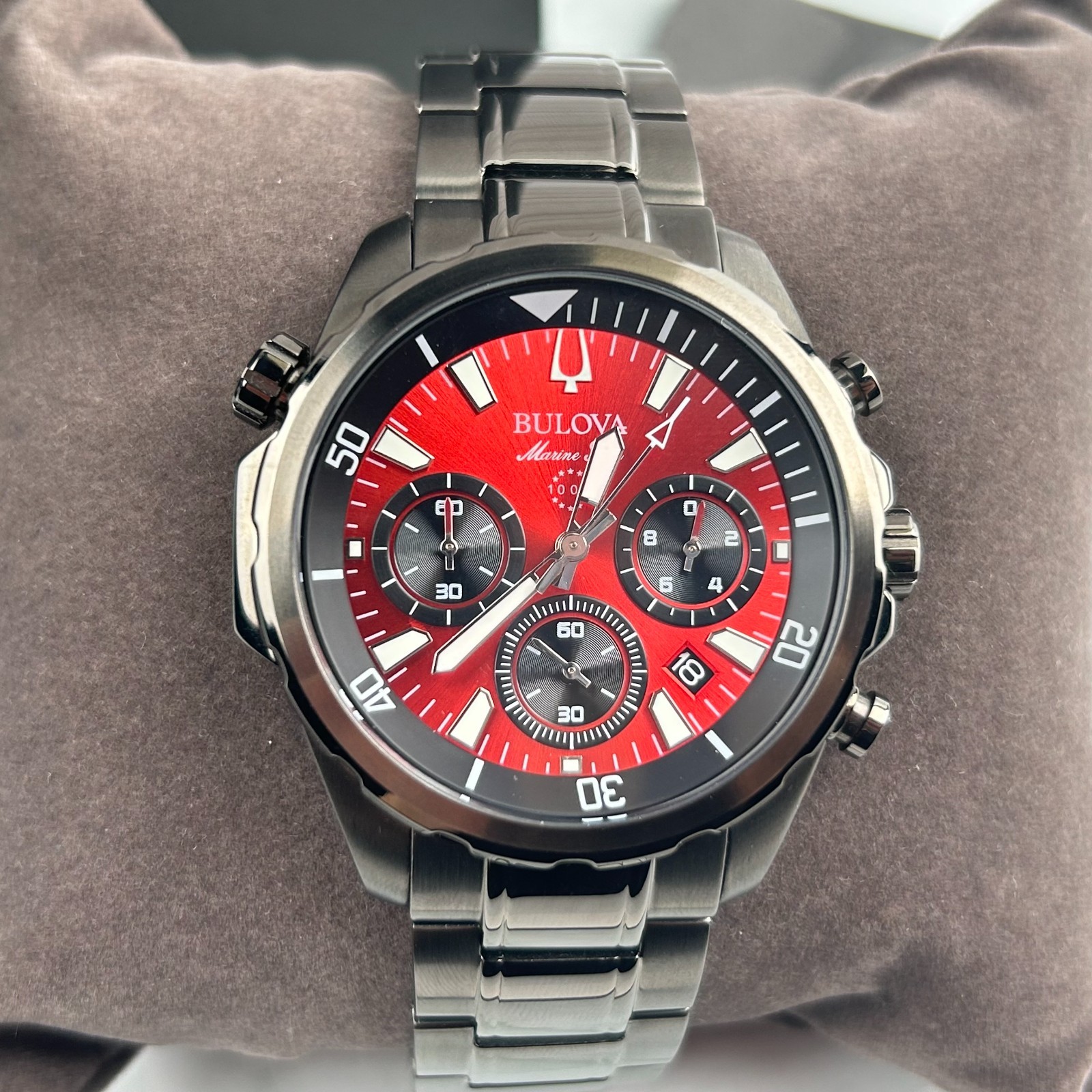 Bulova Men\'s Marine Star 98B350 Red Dial Gunmetal Strap Chronograph Quartz Watch