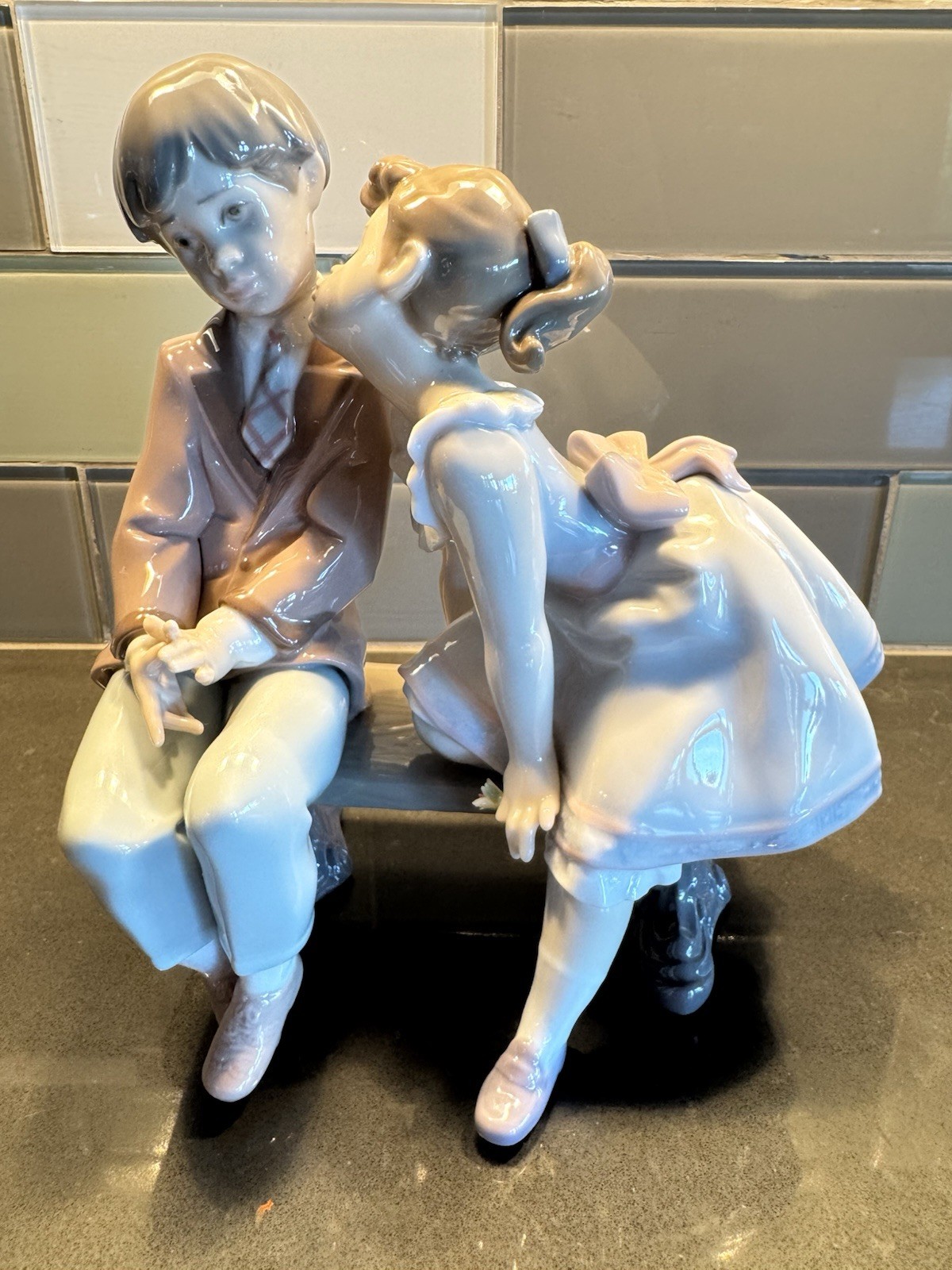Lladro Porcelain Ten & Growing #7635 Young Girl Kissing Shy Boy on Park Bench Lladro Porcelain Ten & Growing #7635 Young Girl Kissing Shy Boy on Park Bench
