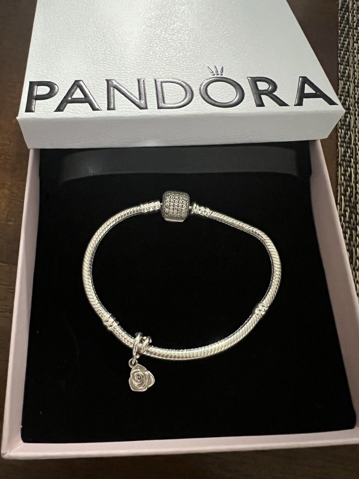 Pandora Pave Clear CZ Snake Chain Bracelet With One Pandora Rose Charm Size 17