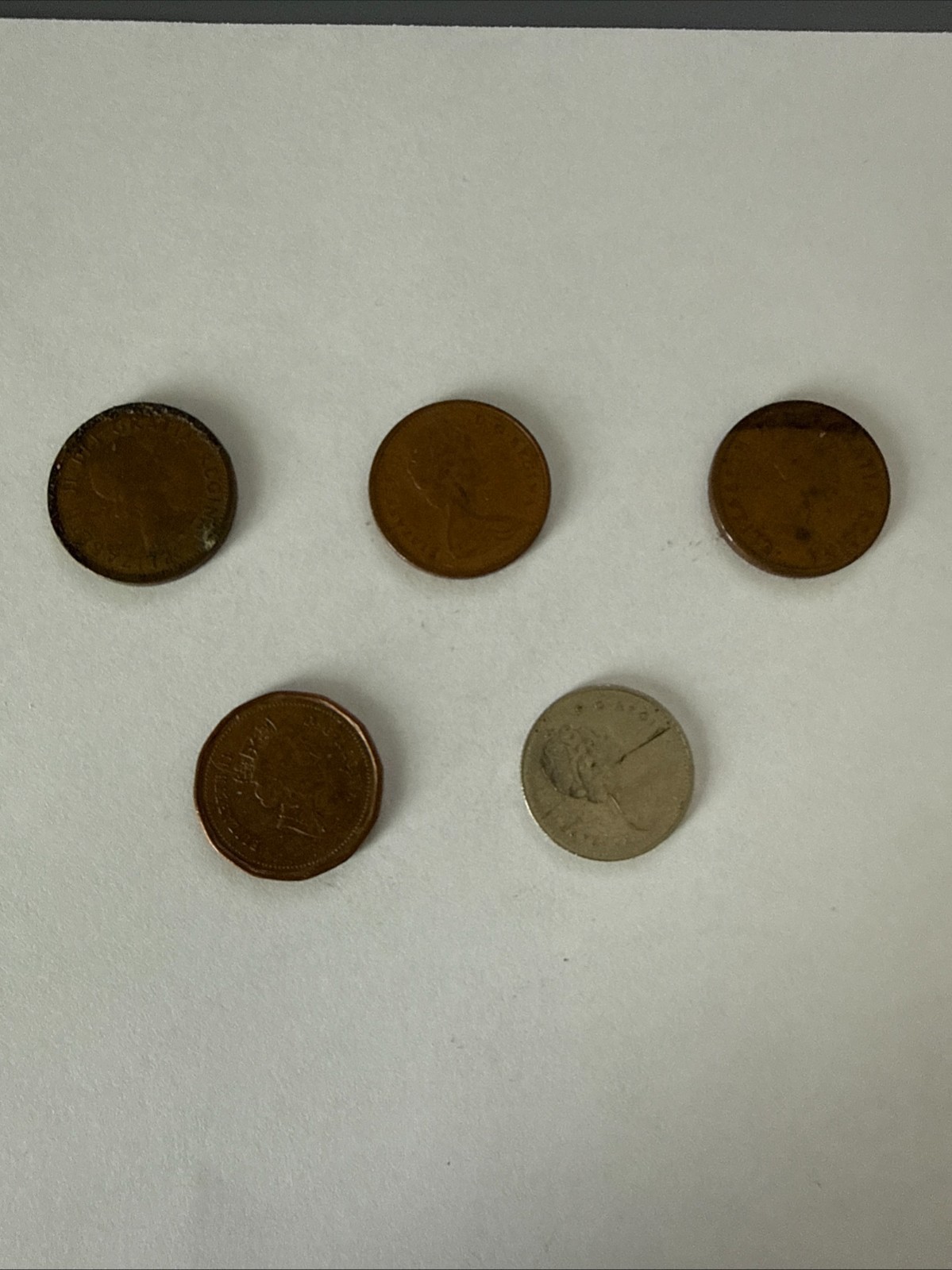 Vintage Canadian Coin Lot 5pc 1961 1963 1965 1994 Pennies 1974 Dime Elizabeth II