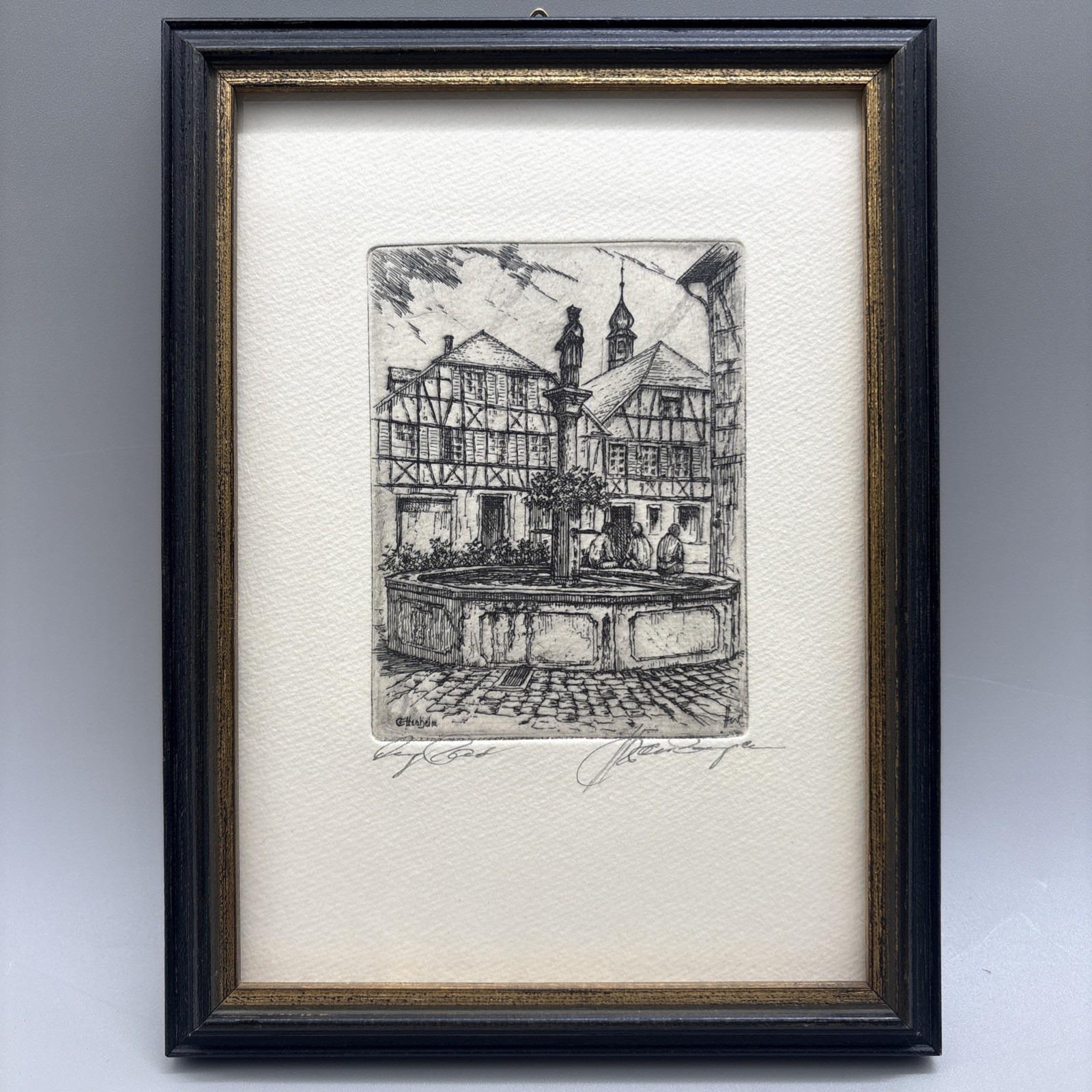Vintage Hubert Wenzinger Signed German Etching Art Framed Ettenheim Fountain