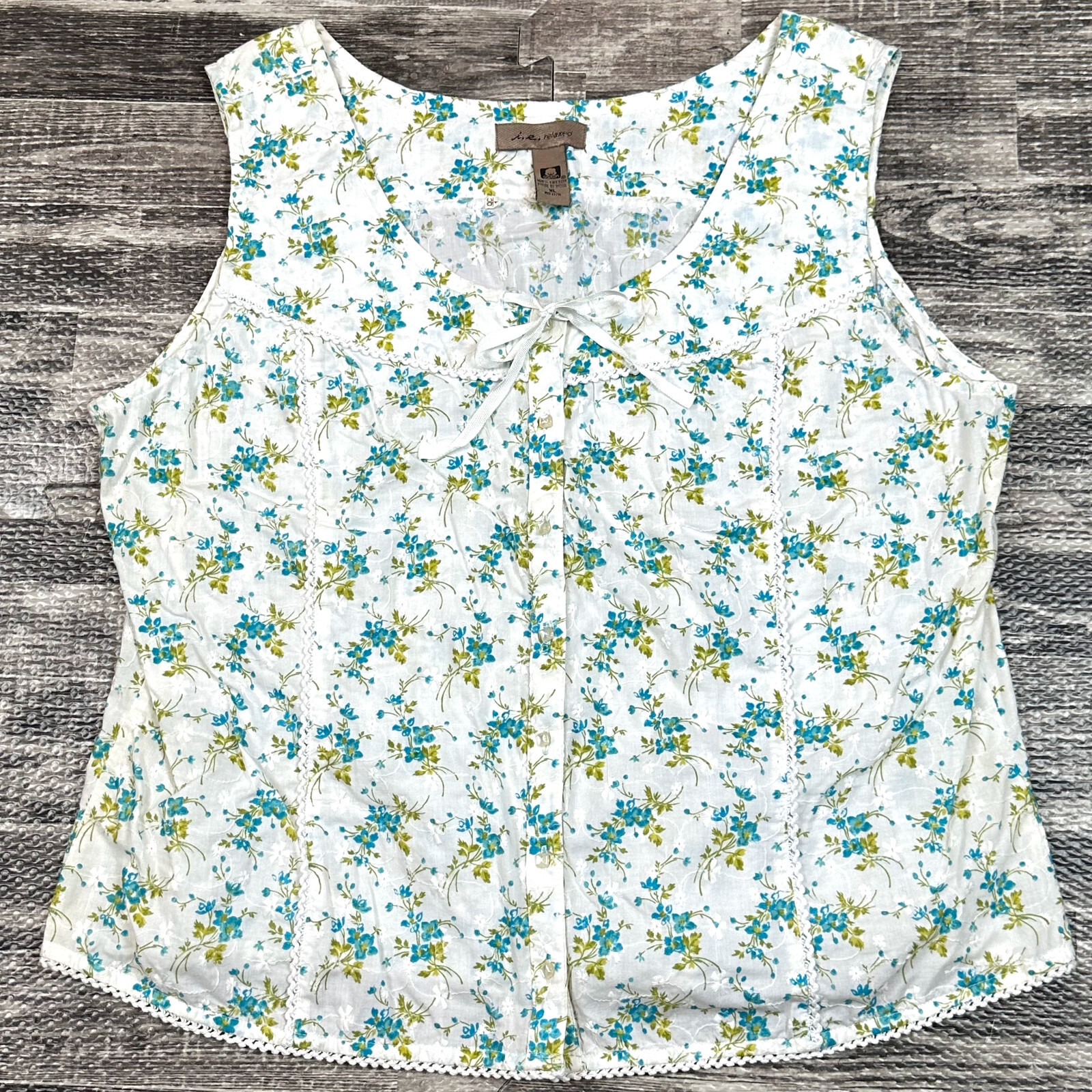 Vintage i.e. Relaxed Womens XL Embroidered Sleeveless 100% Cotton Top Lace Trim