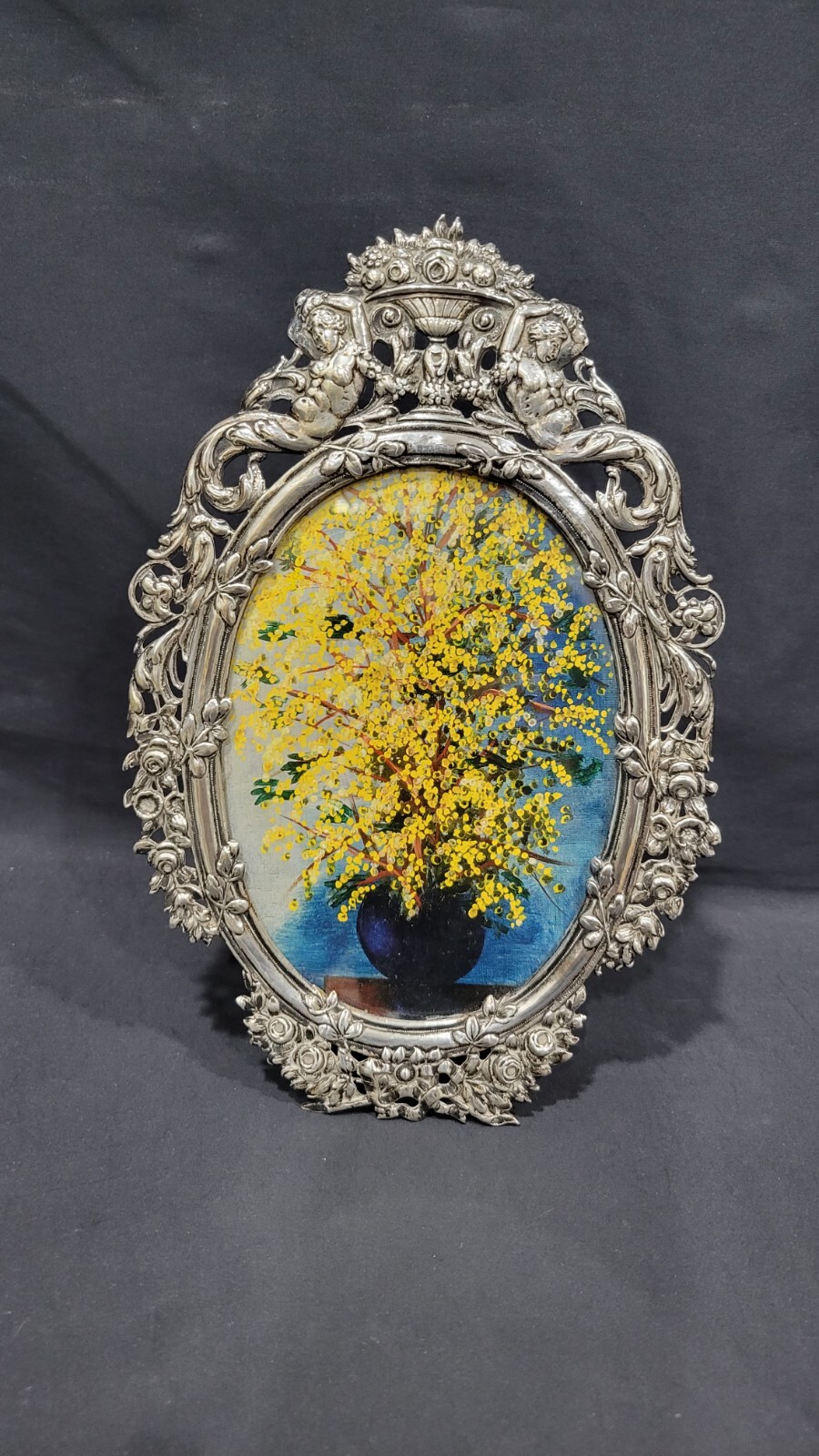 Rare Antique Sterling Silver Ornate Picture Frame Two Men with Flowers
