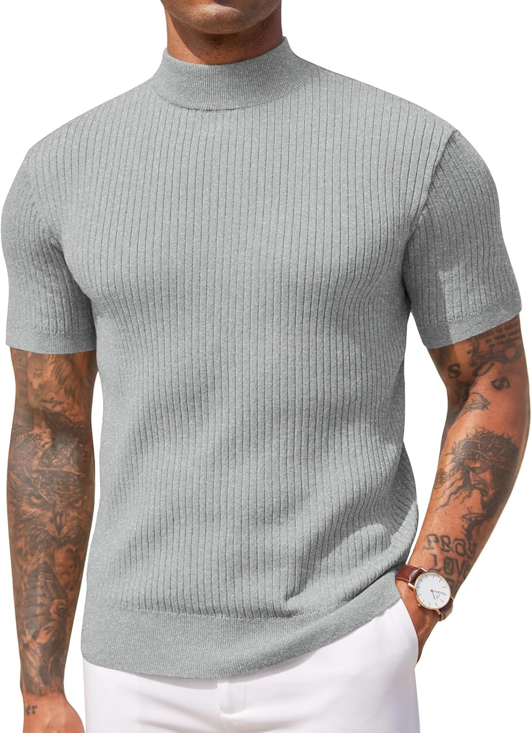 Men's Mock Turtleneck Short Sleeve Ribbed Knit Pullover Casual Lightweight Sweat