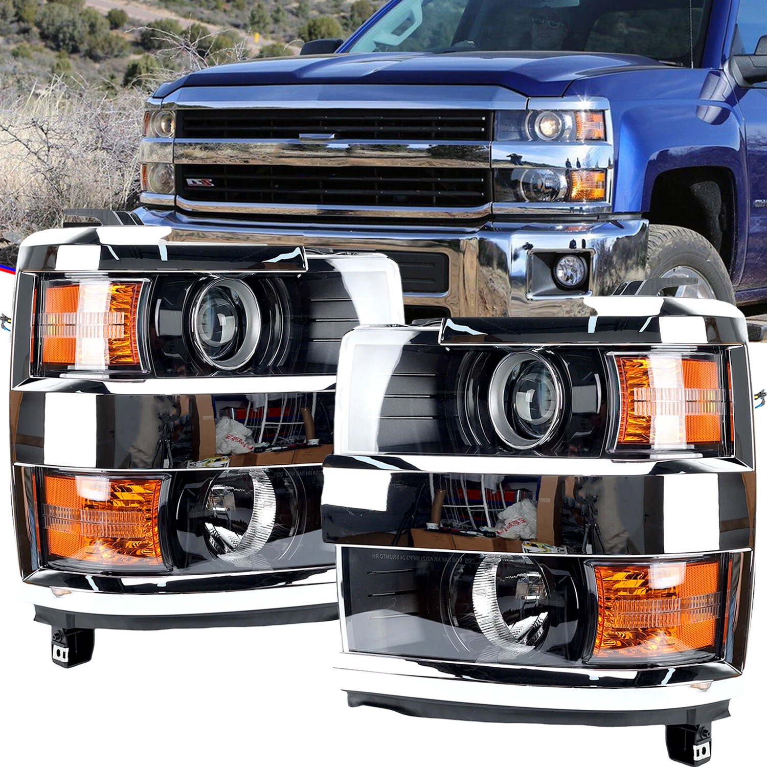 Projector Headlights For 2015-2019 Chevy Silverado 2500HD 3500HD Chrome Headlamp