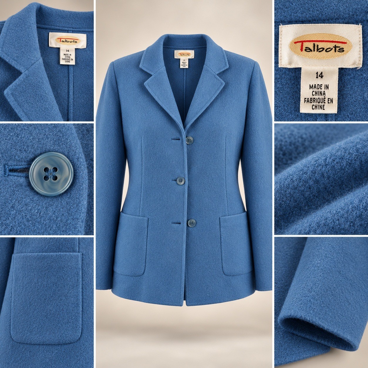 Talbots Wool Blazer Women 14 Blue 3-Button Pockets Solid Felted Jacket