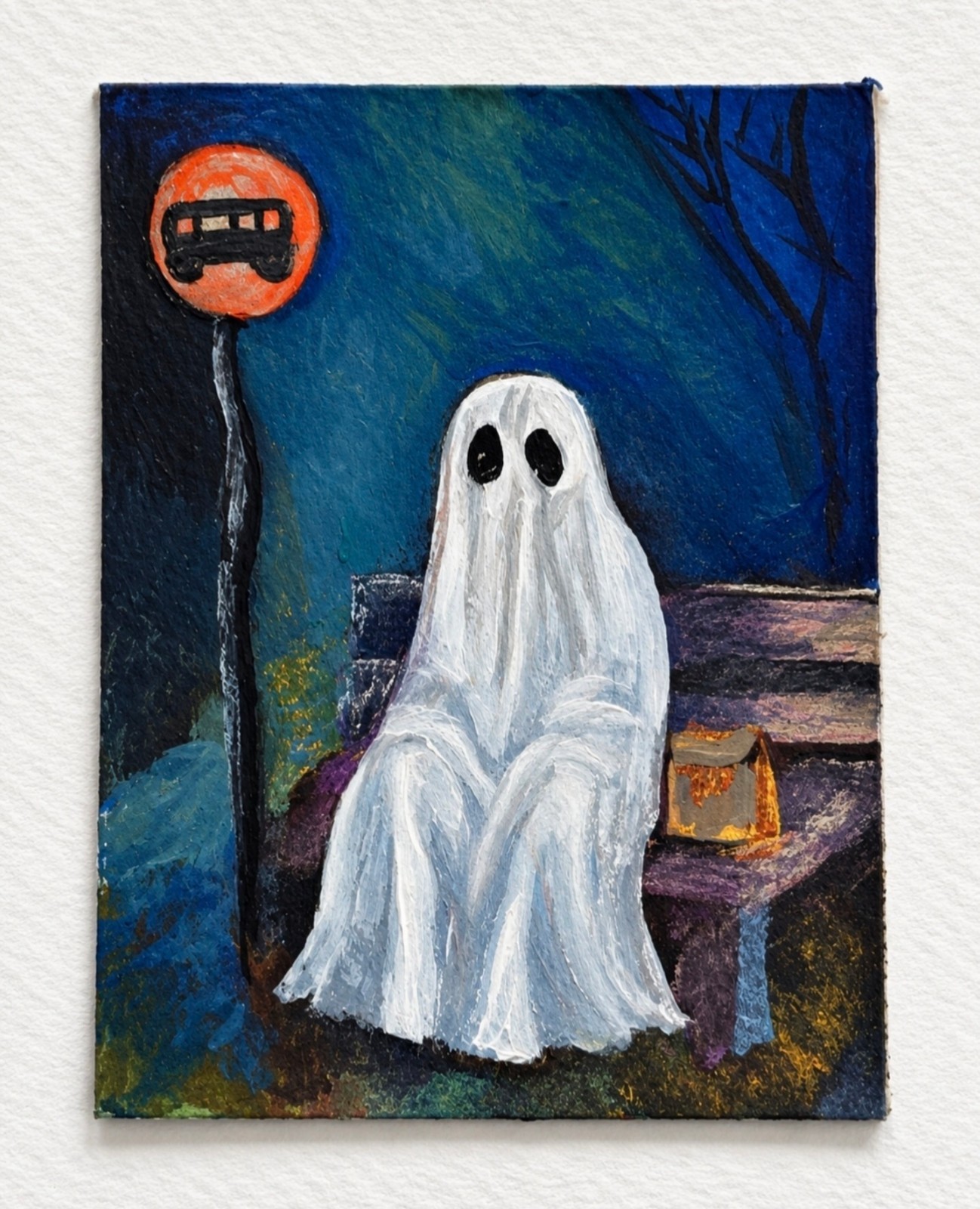 Gary Waits for Bus Hand-Painted Original ACEO Ghost Funny Spooky Art