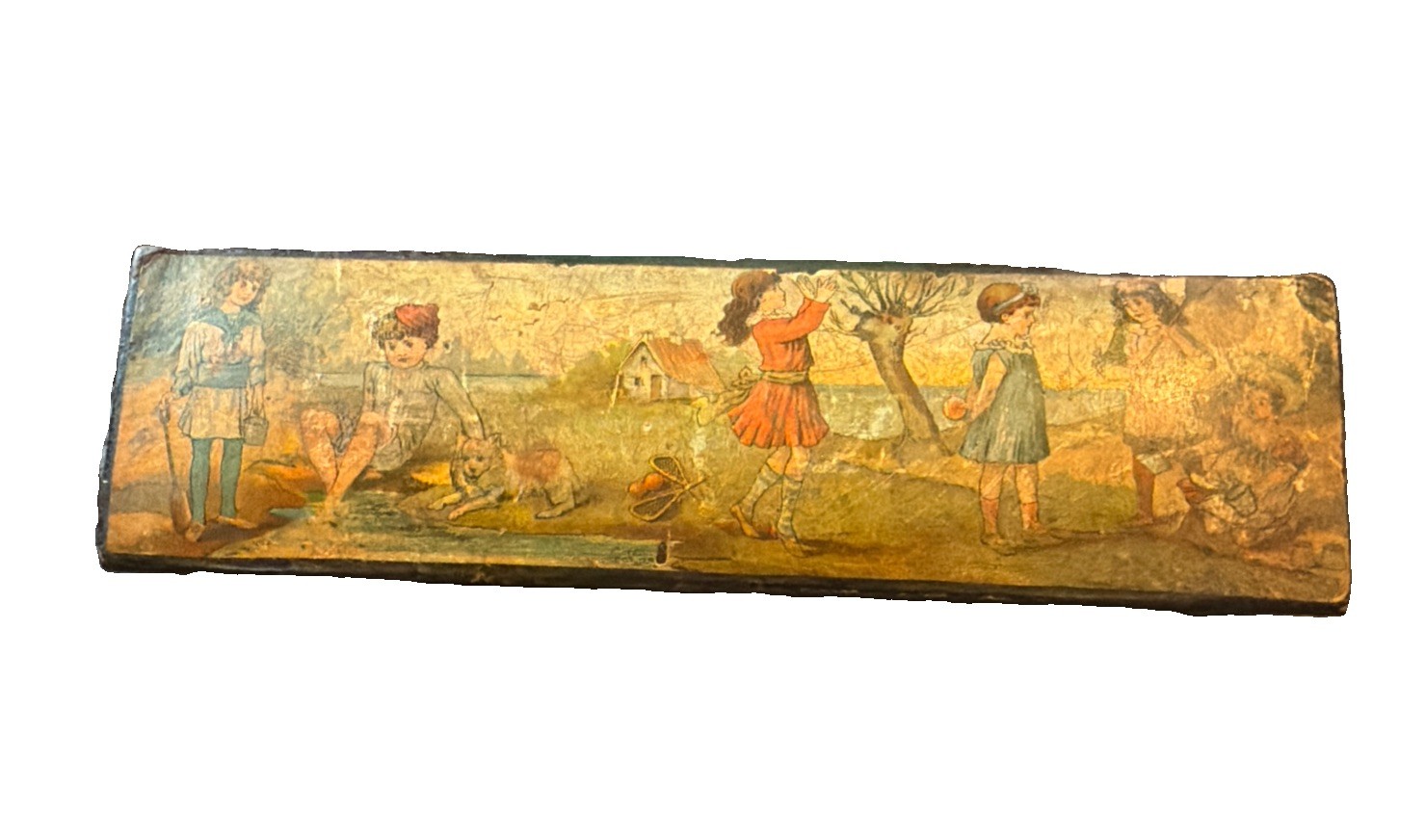 Antique c1900 Victorian German Wooden Pencil Box Children Lithograph Push Lock
