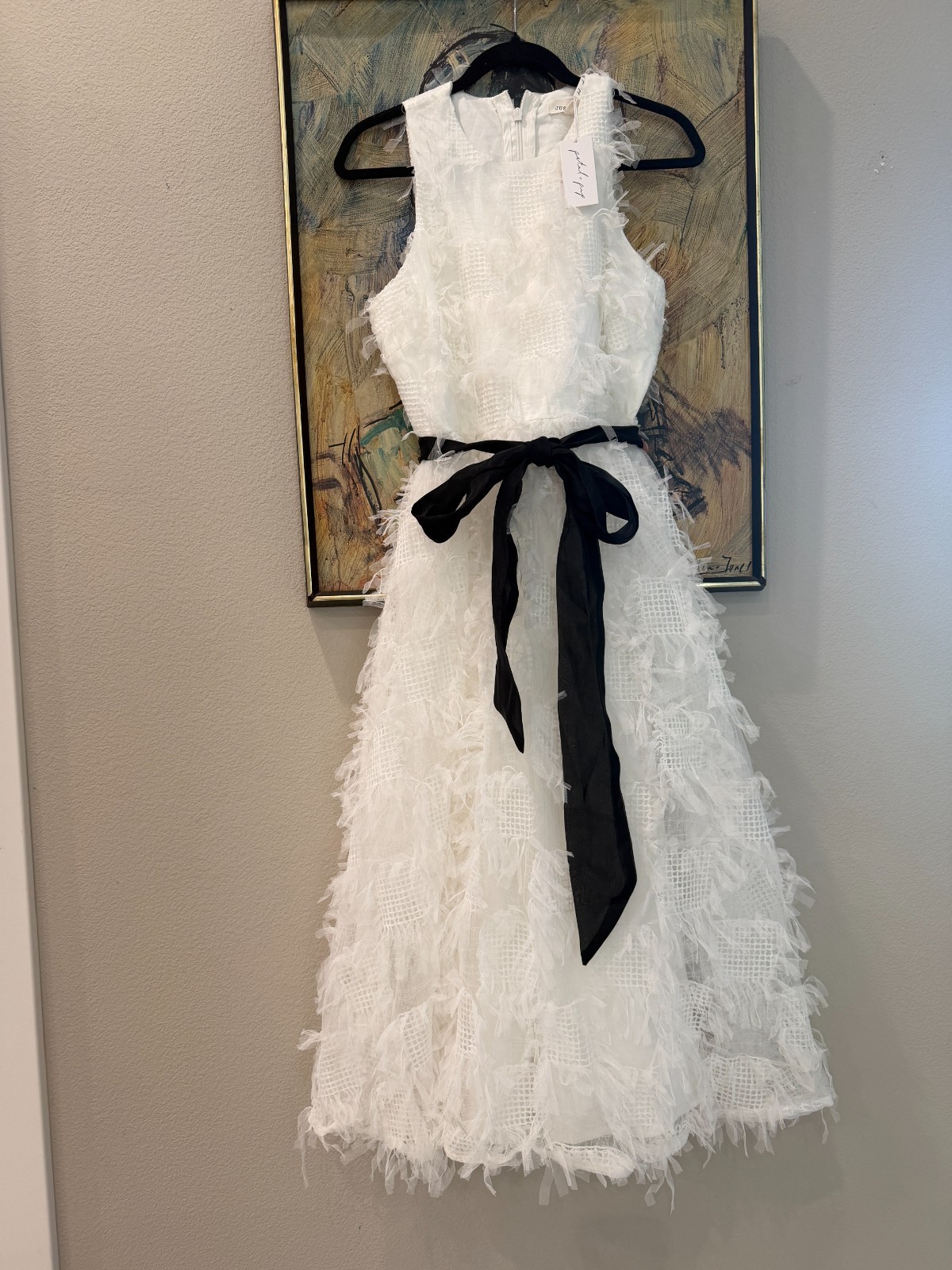 NWT Petal & Pup Bridal Florence Feathered Midi Dress White Textured Fringe Sz M