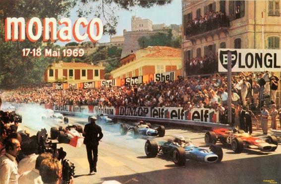 MONACO GRAND PRIX 1969 VINTAGE FRENCH RACE CAR POSTER ON LINEN EXCELLENT
